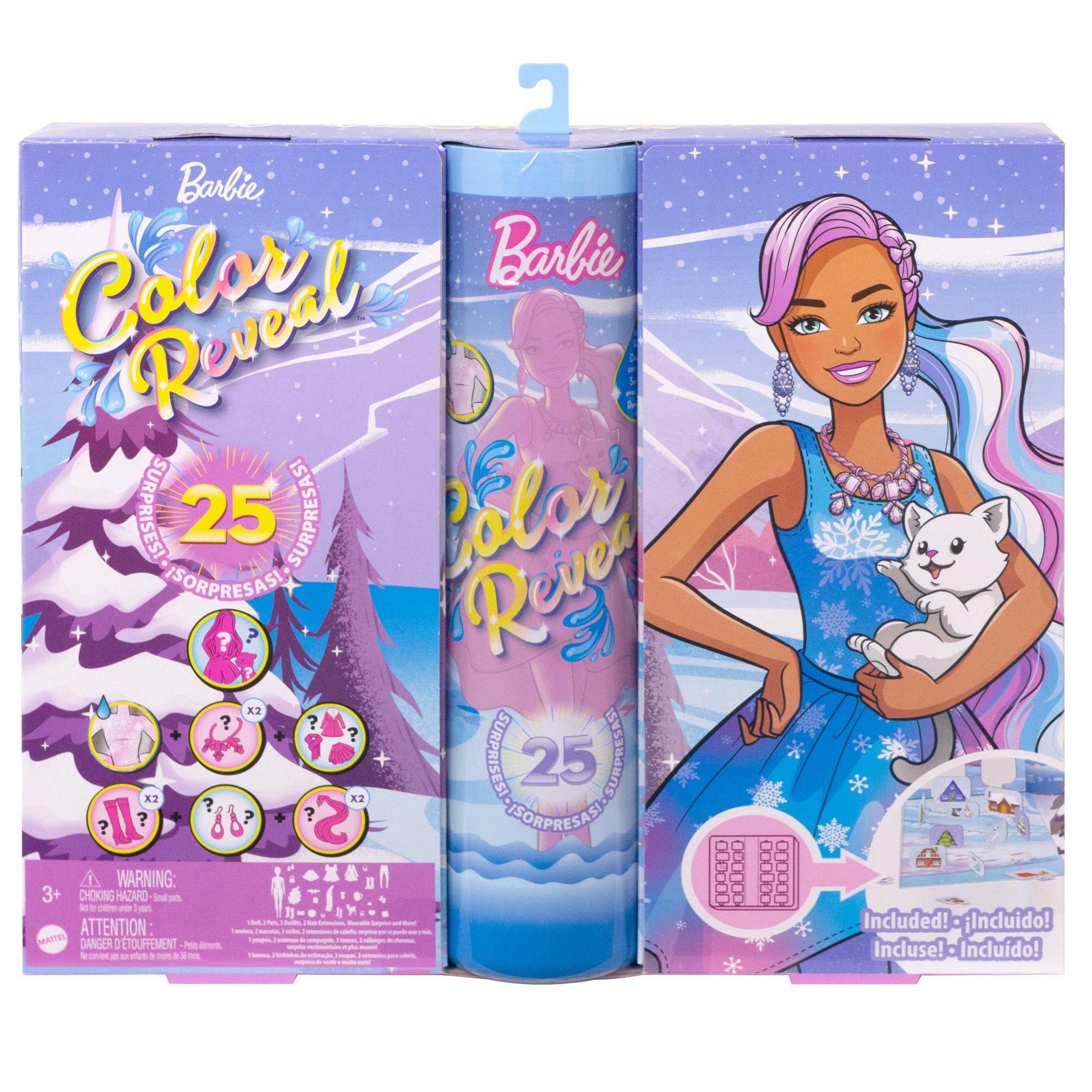 Pudełko Barbie Color Reveal. Obraz lalki Barbie, z białym kotem. Zawiera 25 niespodzianek, motyw zimowy.