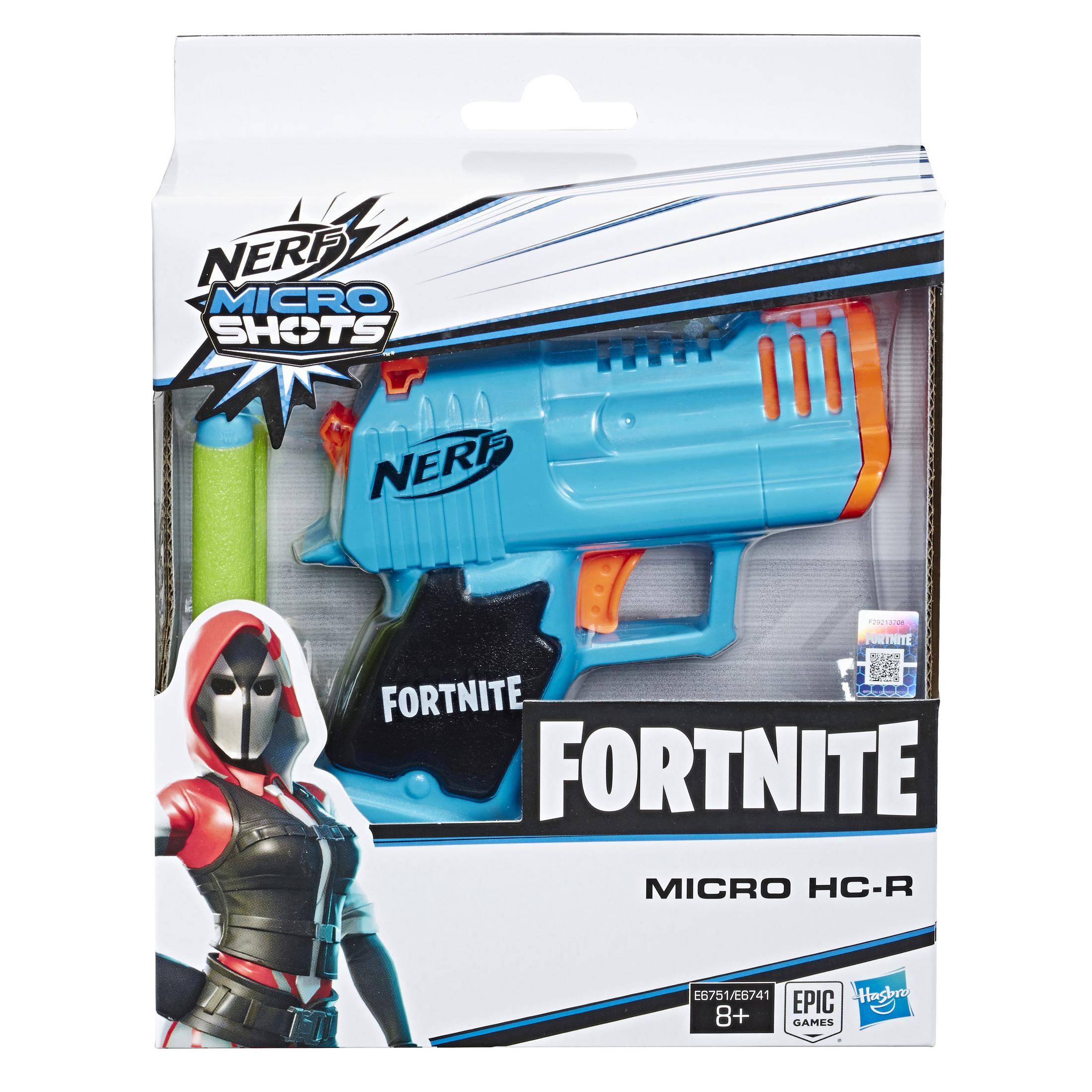 Ein Nerf Fortnite Blaster Spielzeug in seiner Verpackung. Es ist blau und orange, mit einer Figur.