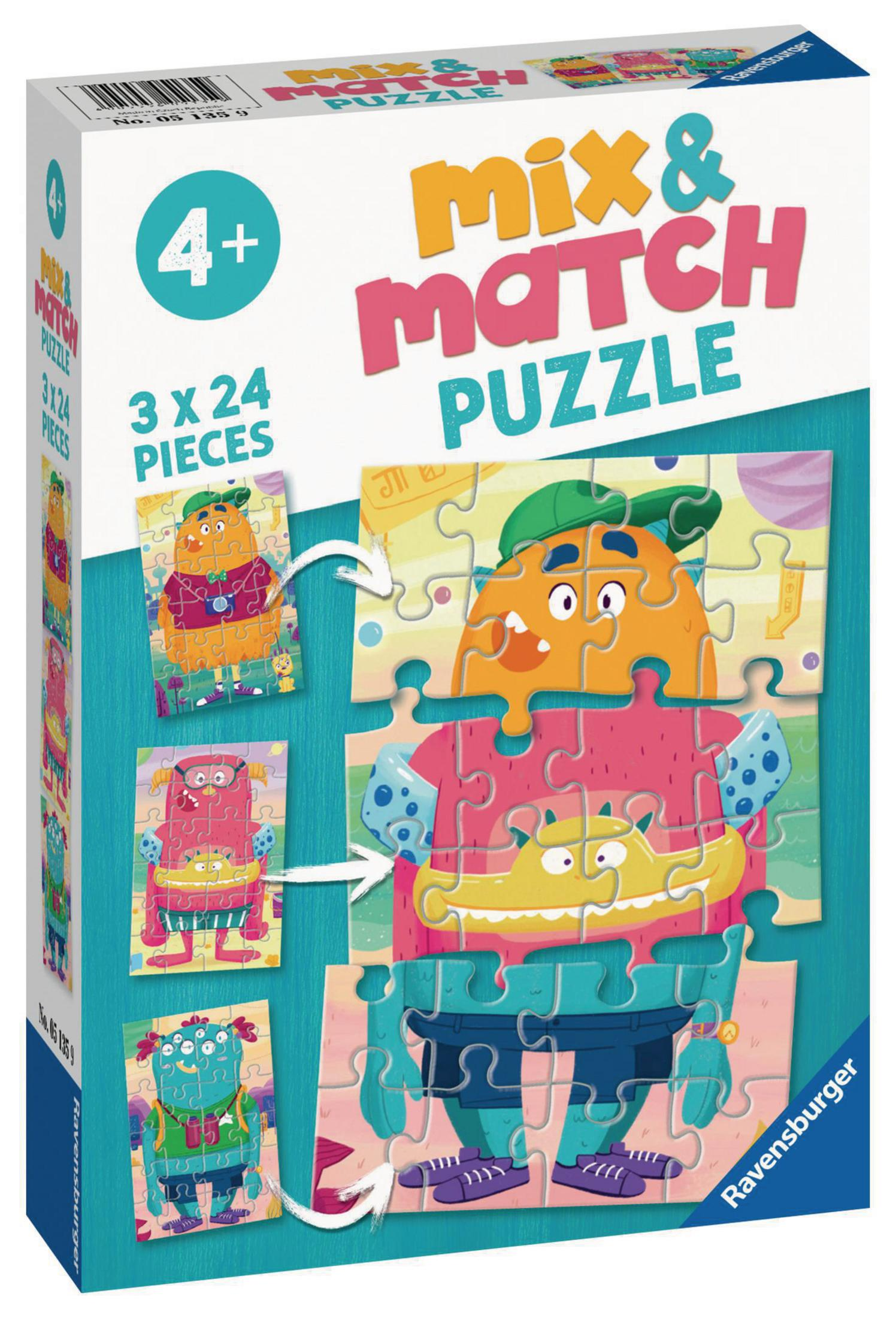 Scatola di puzzle Mix & Match con tre esempi di puzzle mostruosi. Il puzzle è per bambini dai 4 anni in su.