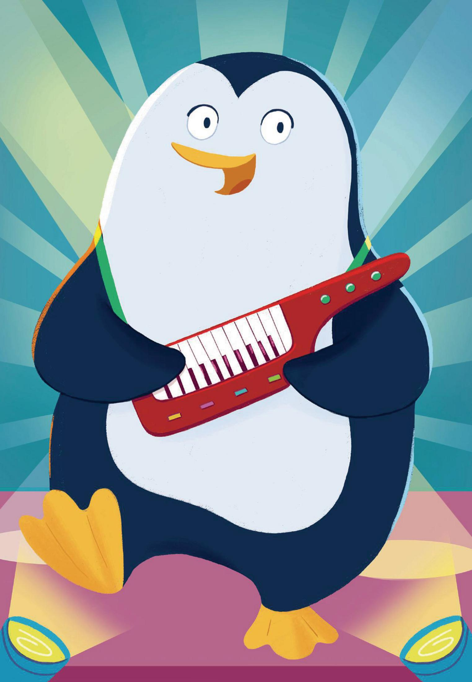 Cartoon-Pinguin spielt rotes Keyboard, trägt grünen Riemen, auf einer Bühne mit Scheinwerfern.