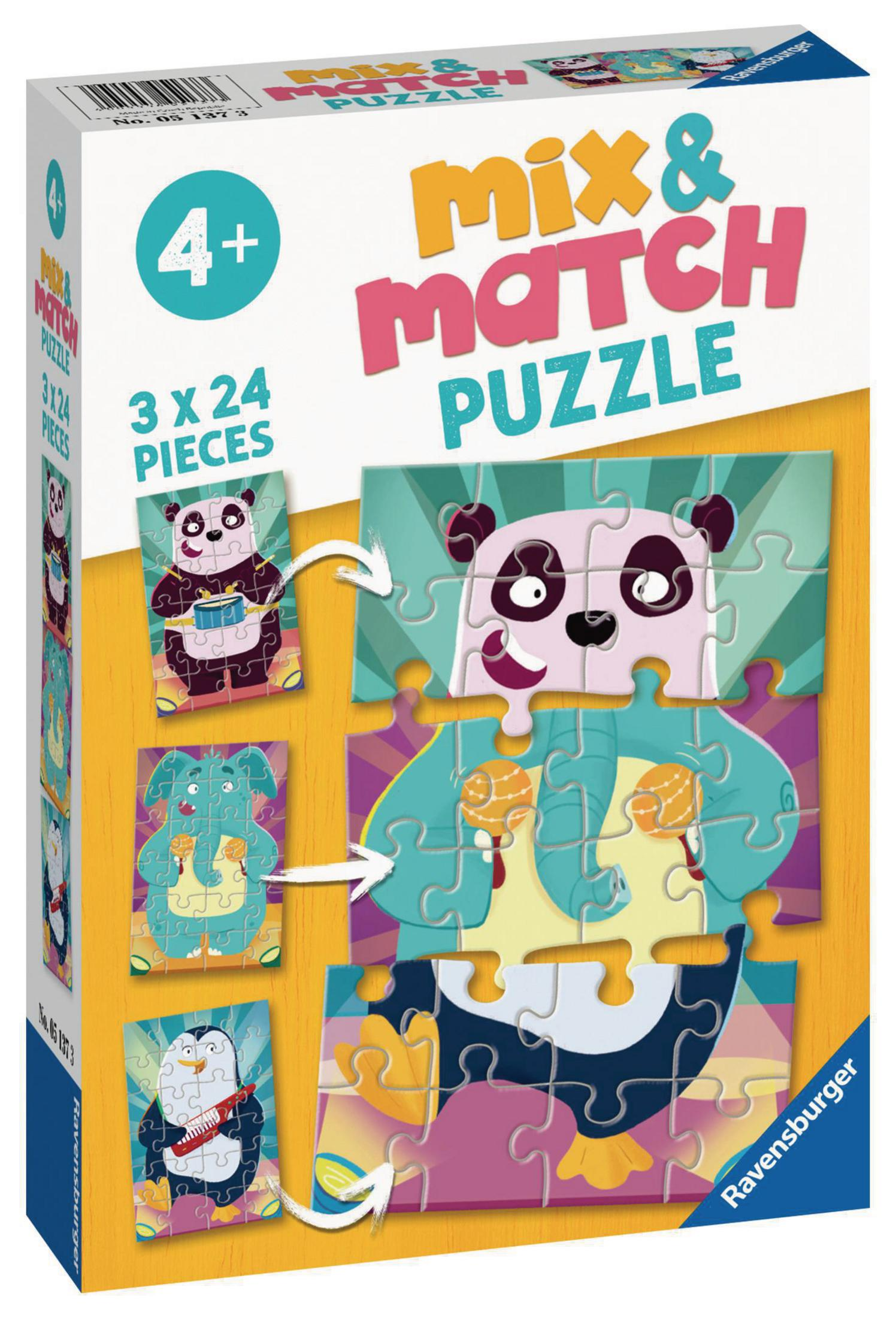Puzzleschachtel mit Panda-, Elefanten- und Pinguinbildern.