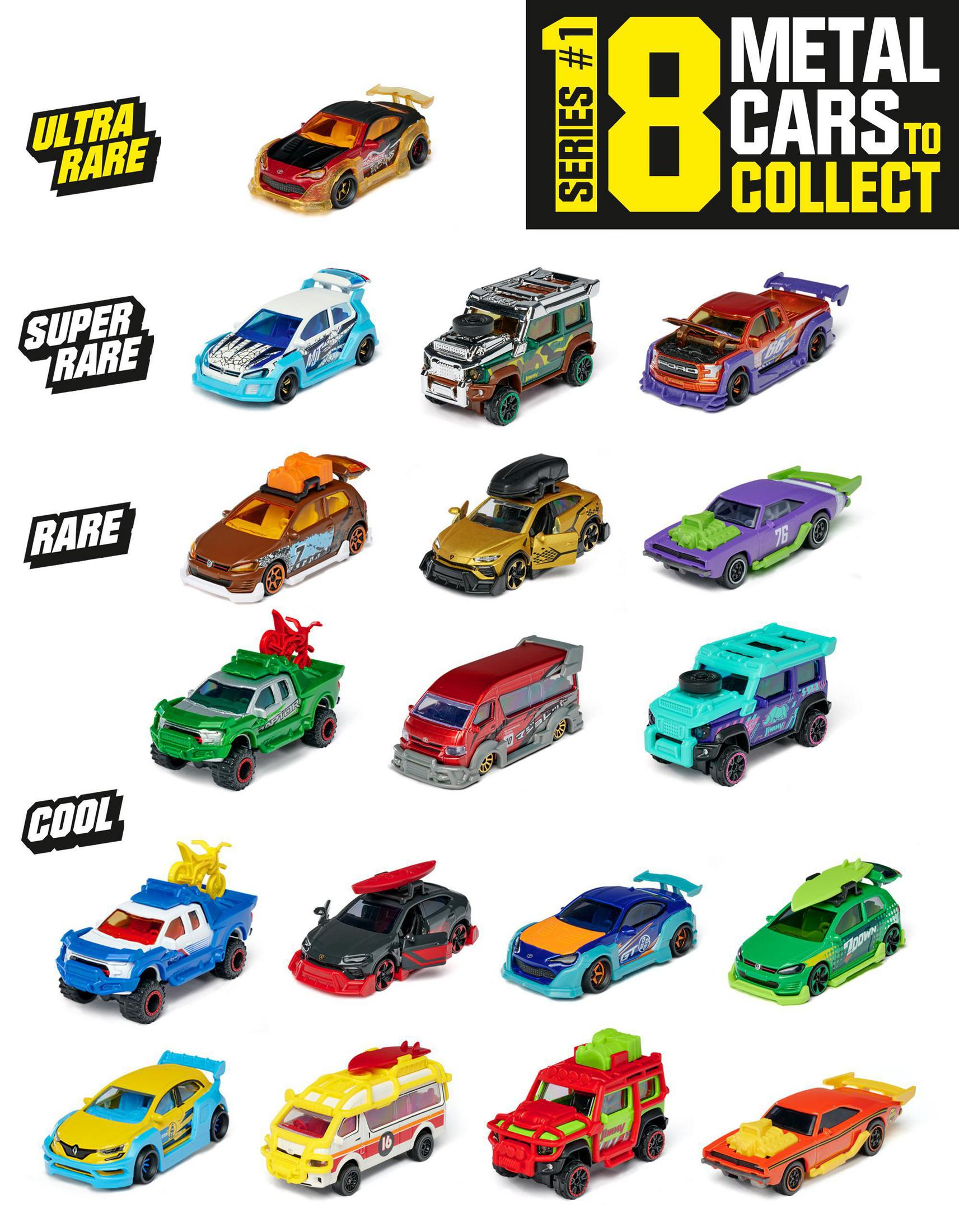 Sammlung von Spielzeugautos, beschriftet mit Serie #1. Enthält verschiedene Farben und Designs, mit Textlabels: Ultra Rare, Super Rare, Rare, Cool.