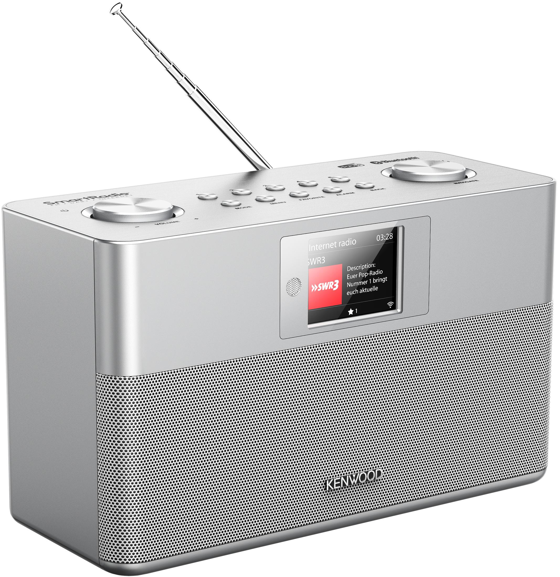 Srebrne radio z ekranem wyświetlającym informacje i wysuwaną anteną.