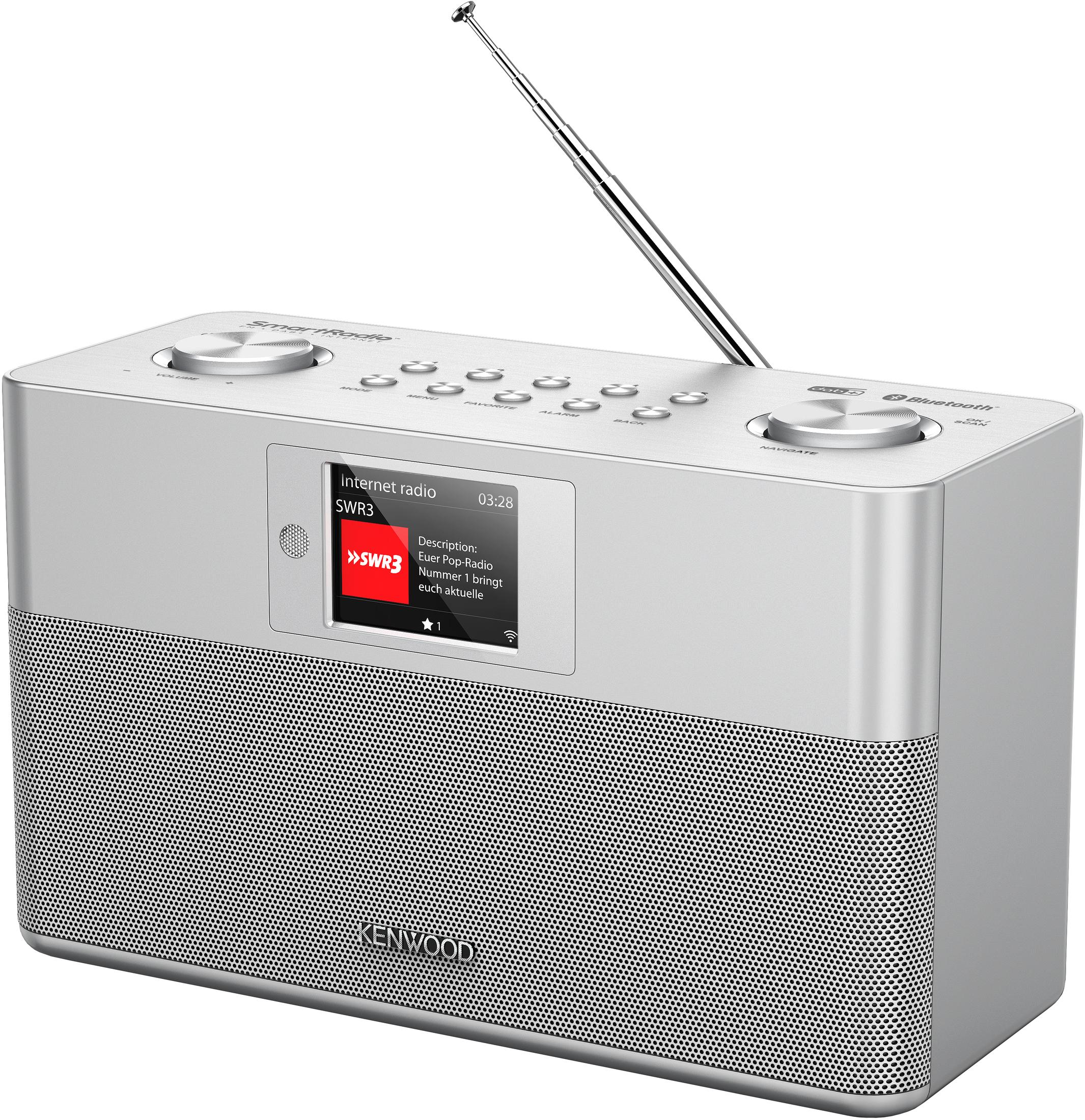 Srebrne radio internetowe Kenwood z ekranem i przyciskami.