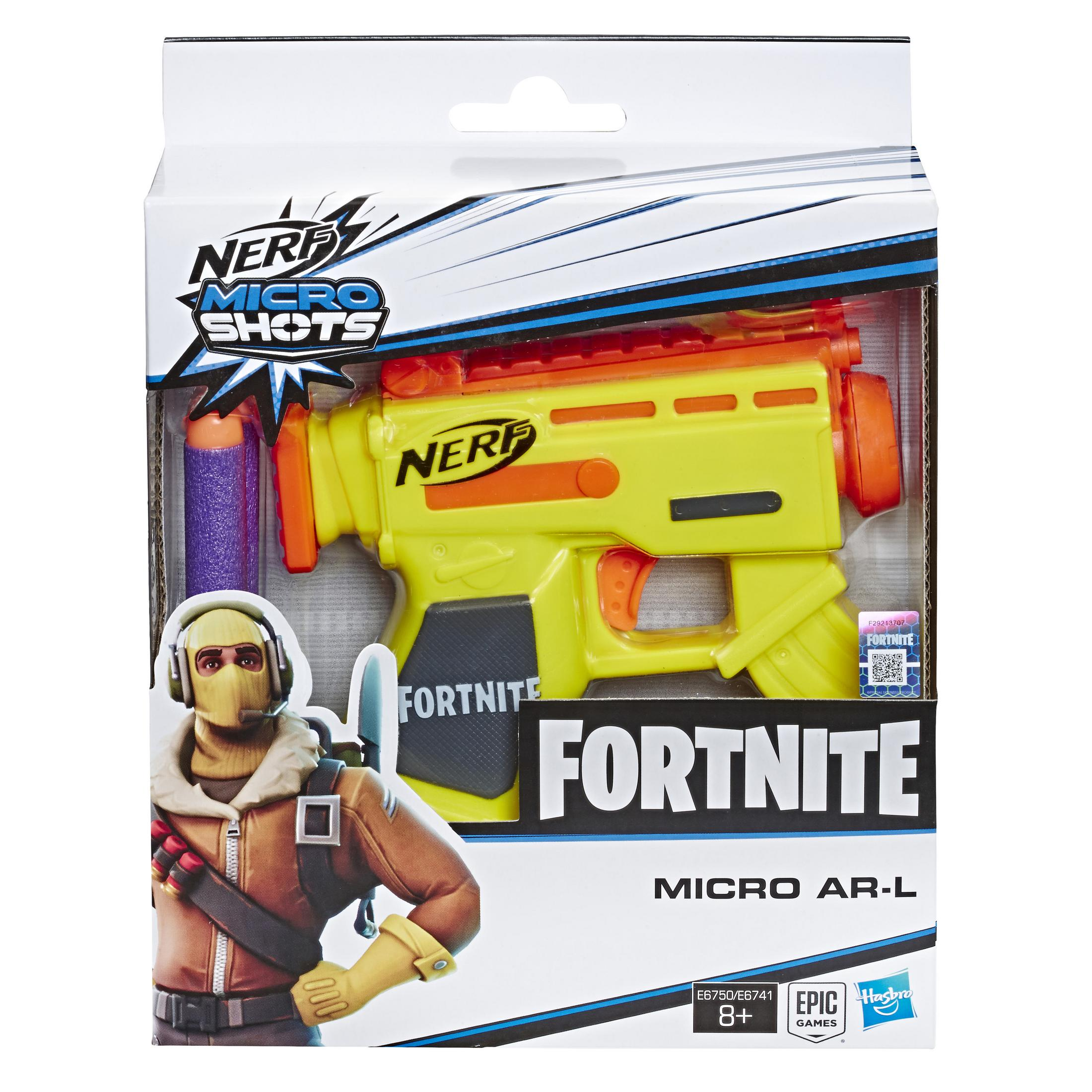 Nerf Micro Shots Fortnite Spielzeugpistole in einer Box mit einem Fortnite-Charakter.