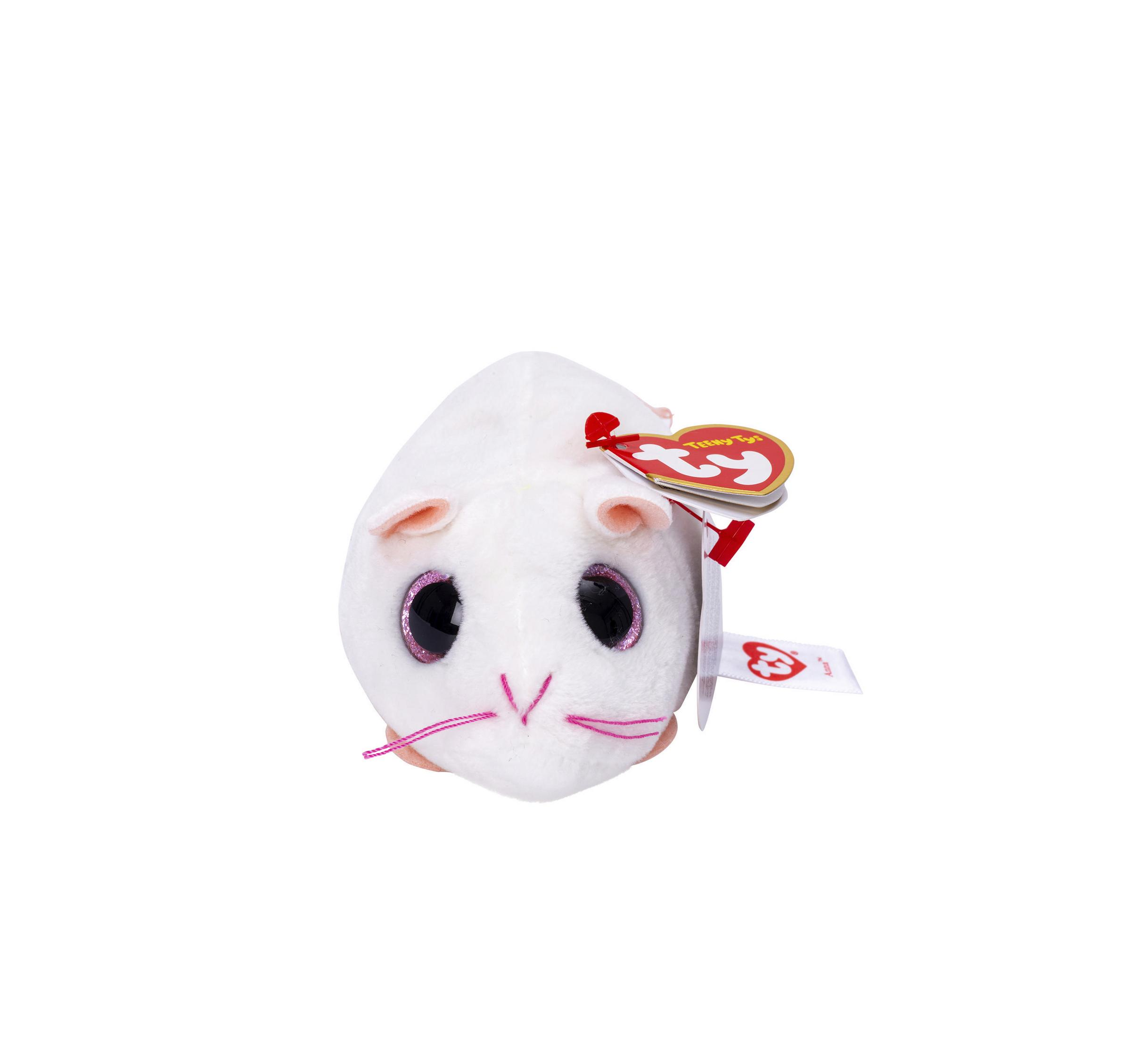 Weißes Hamster-Plüschtier mit großen Augen, rosa Nase und rotem Etikett.