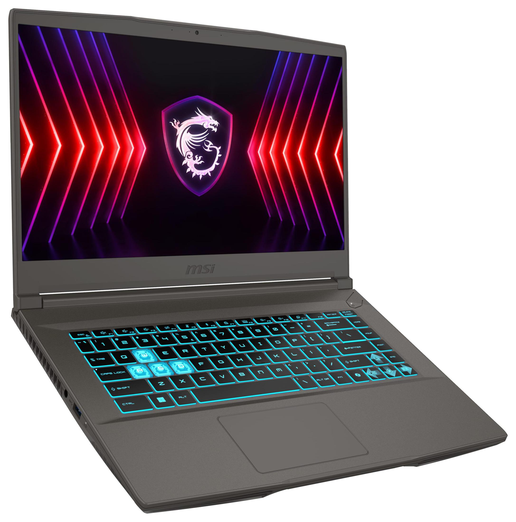 Ein grauer Laptop mit beleuchtetem Bildschirm und Tastatur mit blau beleuchteten Tasten.