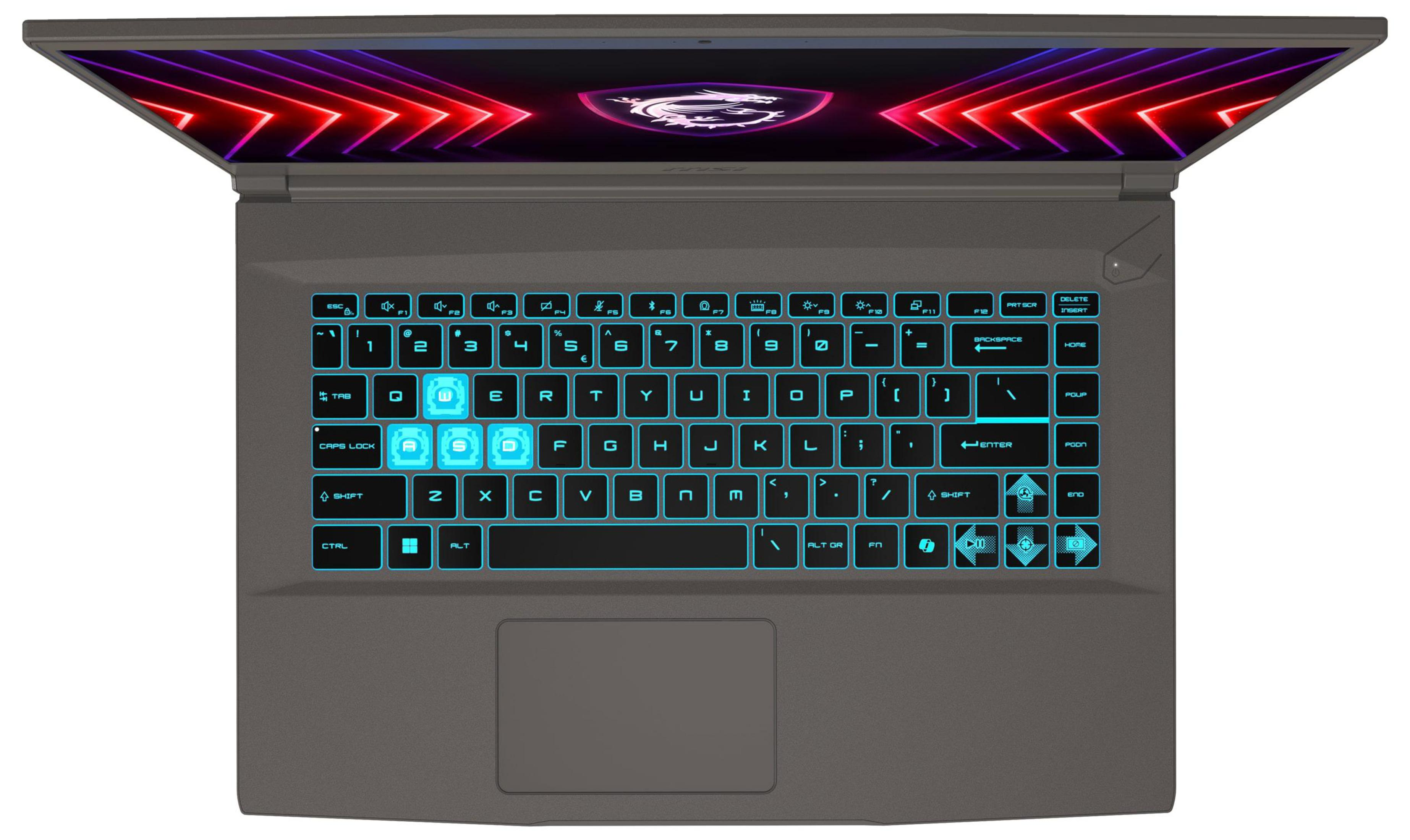 Laptop, Draufsicht. Geöffnet, mit beleuchteten Tasten und Bildschirm mit Markenlogo. Farbe ist grau.