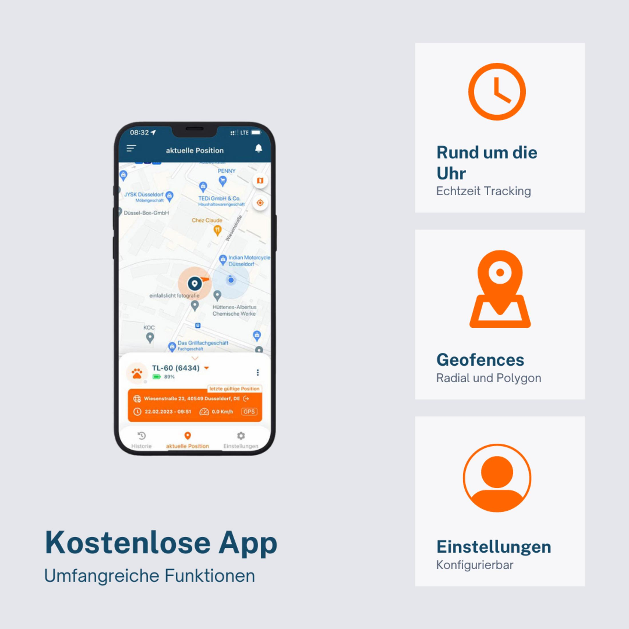 Ein Smartphone, das eine Karte mit Standortmarkierungen und Text auf Deutsch anzeigt, sowie drei Symbole mit deutschem Text.