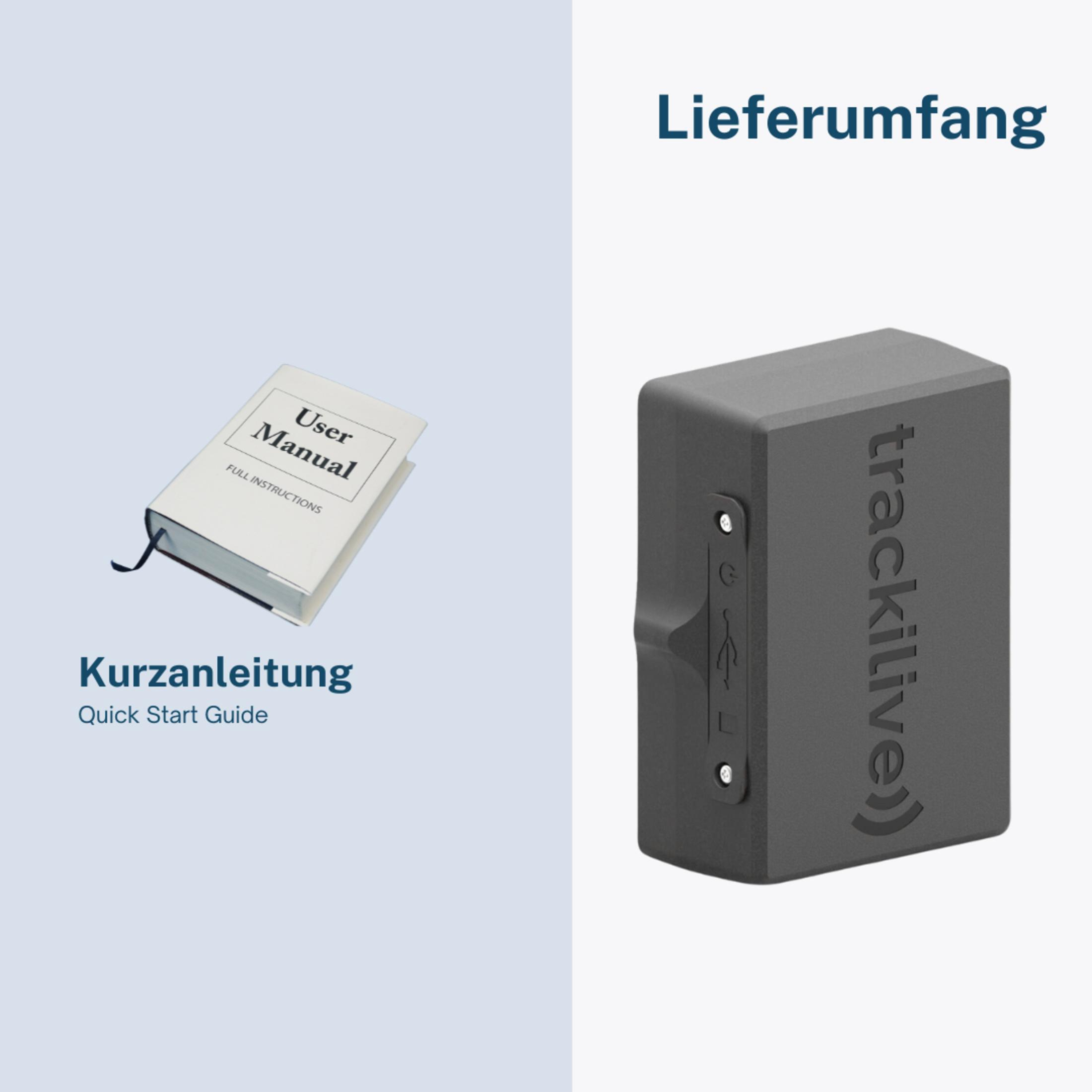 Abbildung eines Benutzerhandbuchs neben einem grauen "tracklive"-Gerät auf einem weißen Hintergrund.