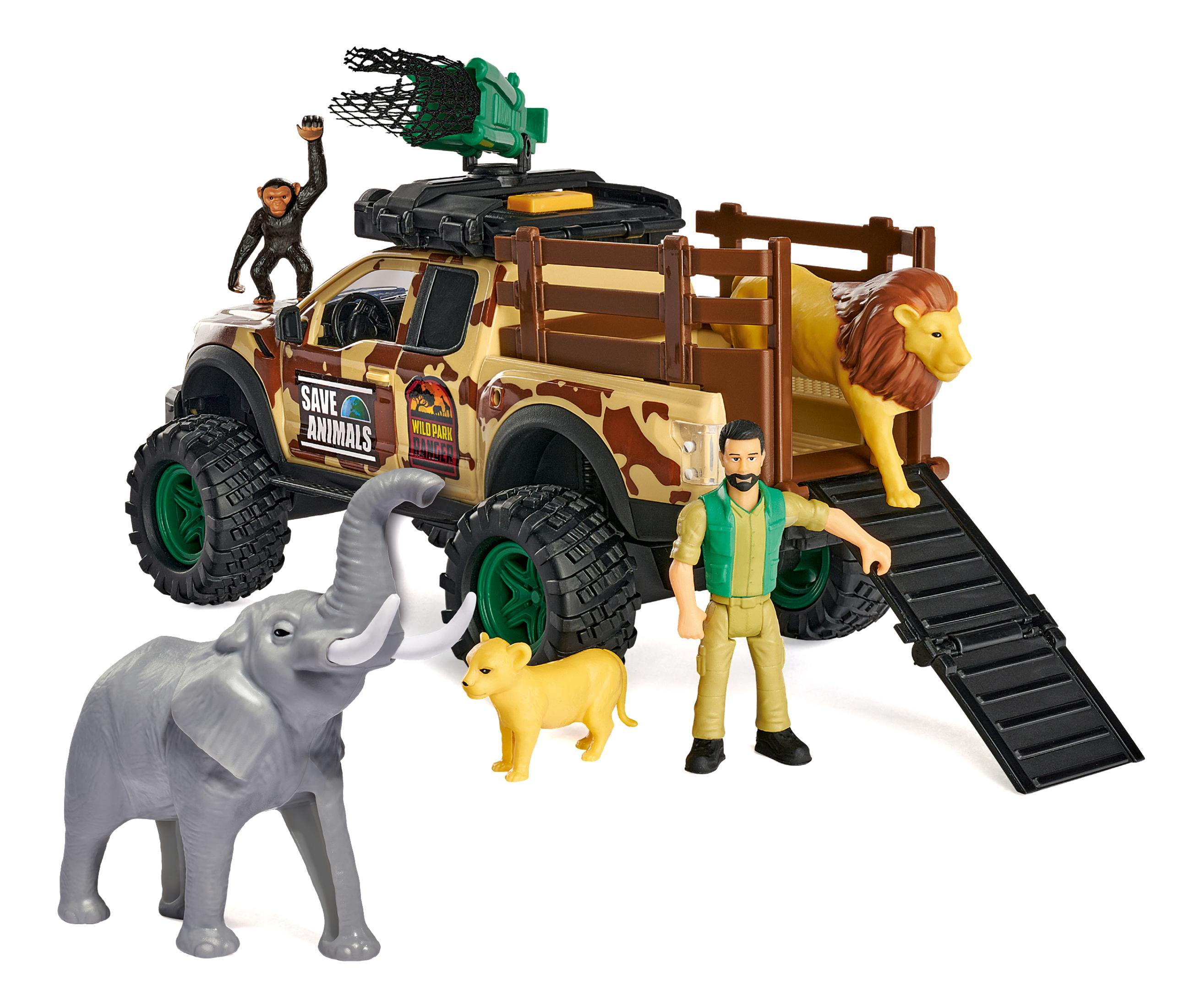 Spielzeug-Truck mit Löwe, Elefant, Affe, Tierpfleger und Löwenjungem.