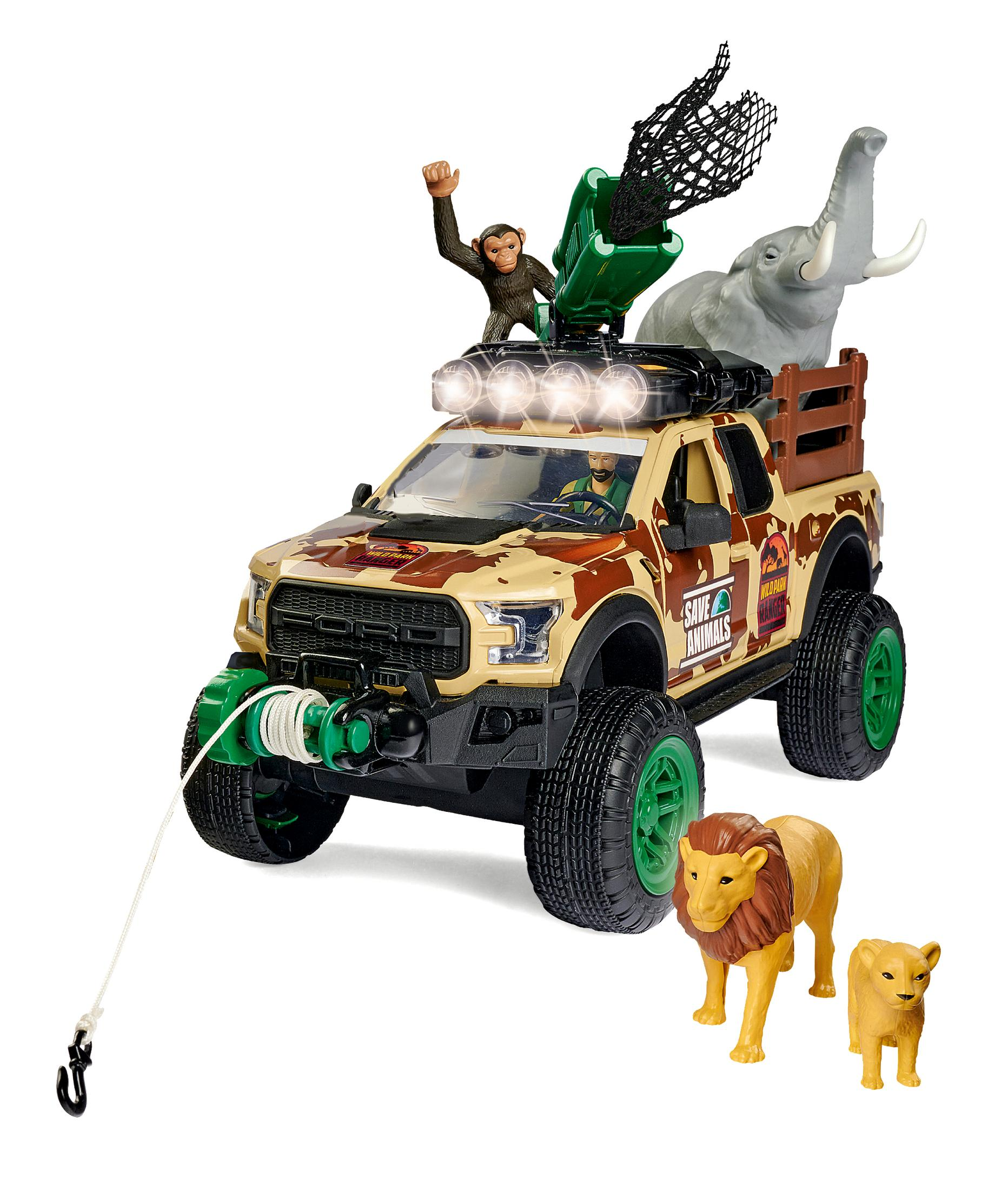 Safari-Spielzeug-Truck mit Tieren, darunter ein Affe, Elefant, Löwen und ein Fahrer.