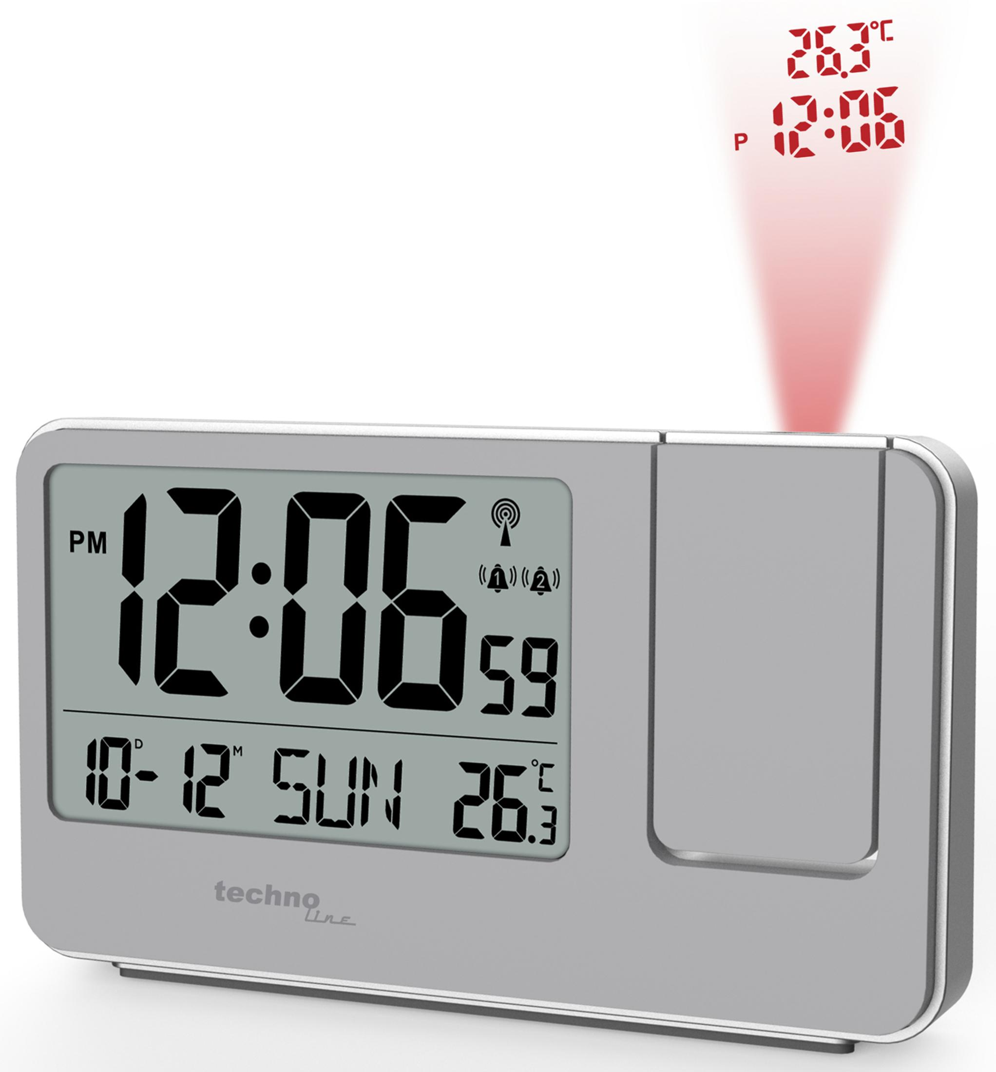 Horloge numérique affichant l'heure et la température avec projection rouge sur fond blanc.