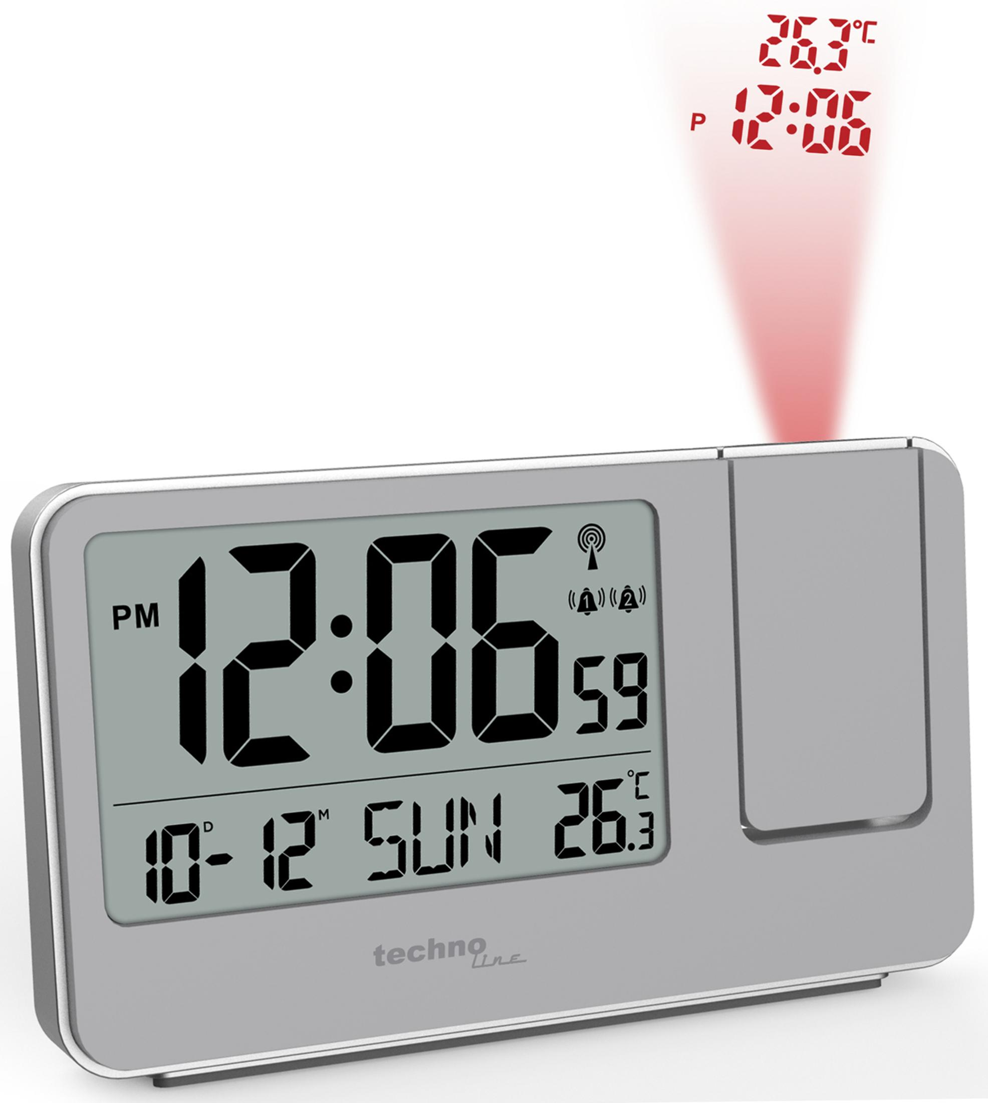 Une horloge numérique argentée affichant l'heure et la température, avec une projection rouge au-dessus.