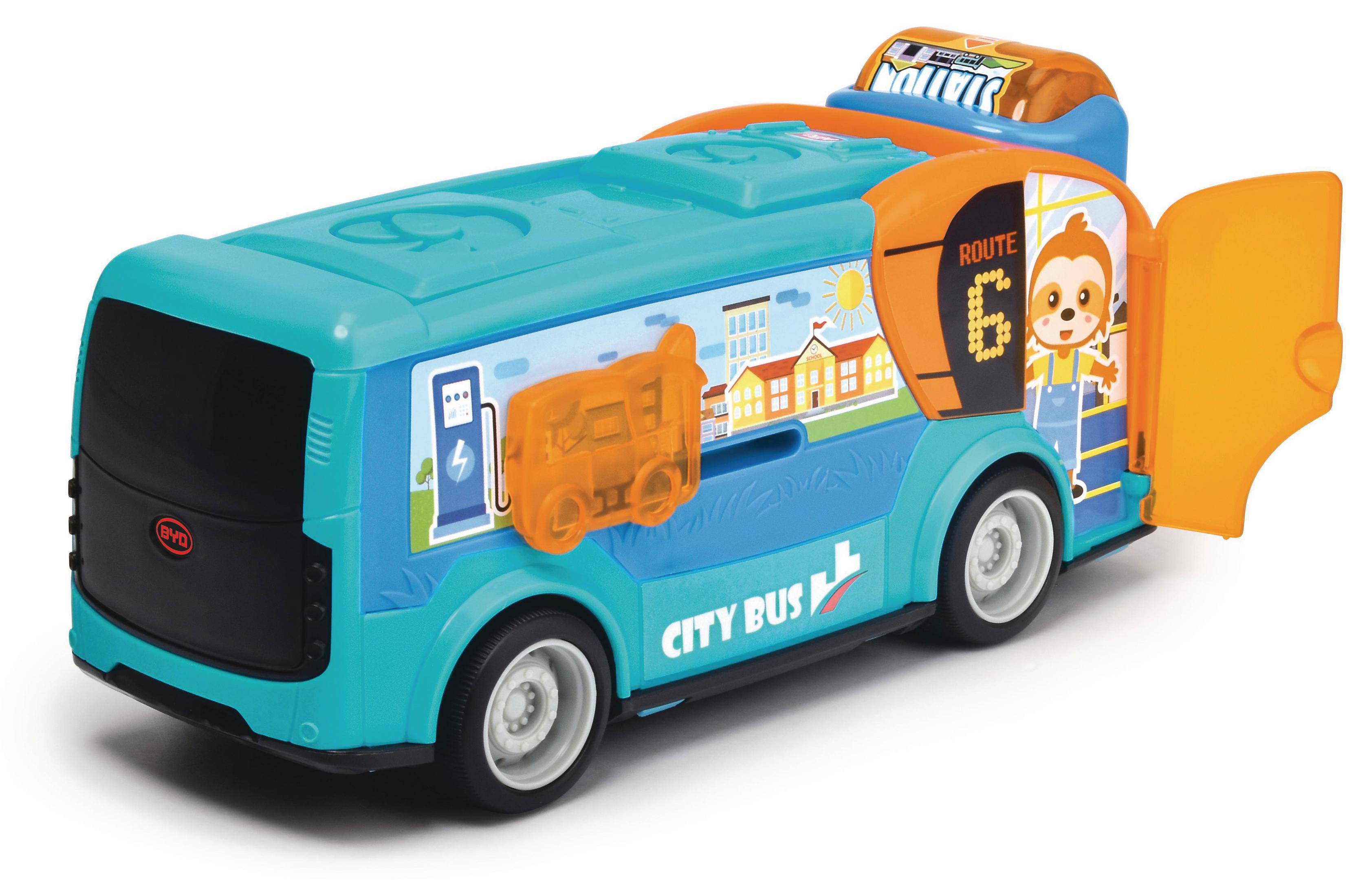 Ein blau-oranger Spielzeugbus mit einem Cartoon-Affen darauf. Die Bustür ist geöffnet.