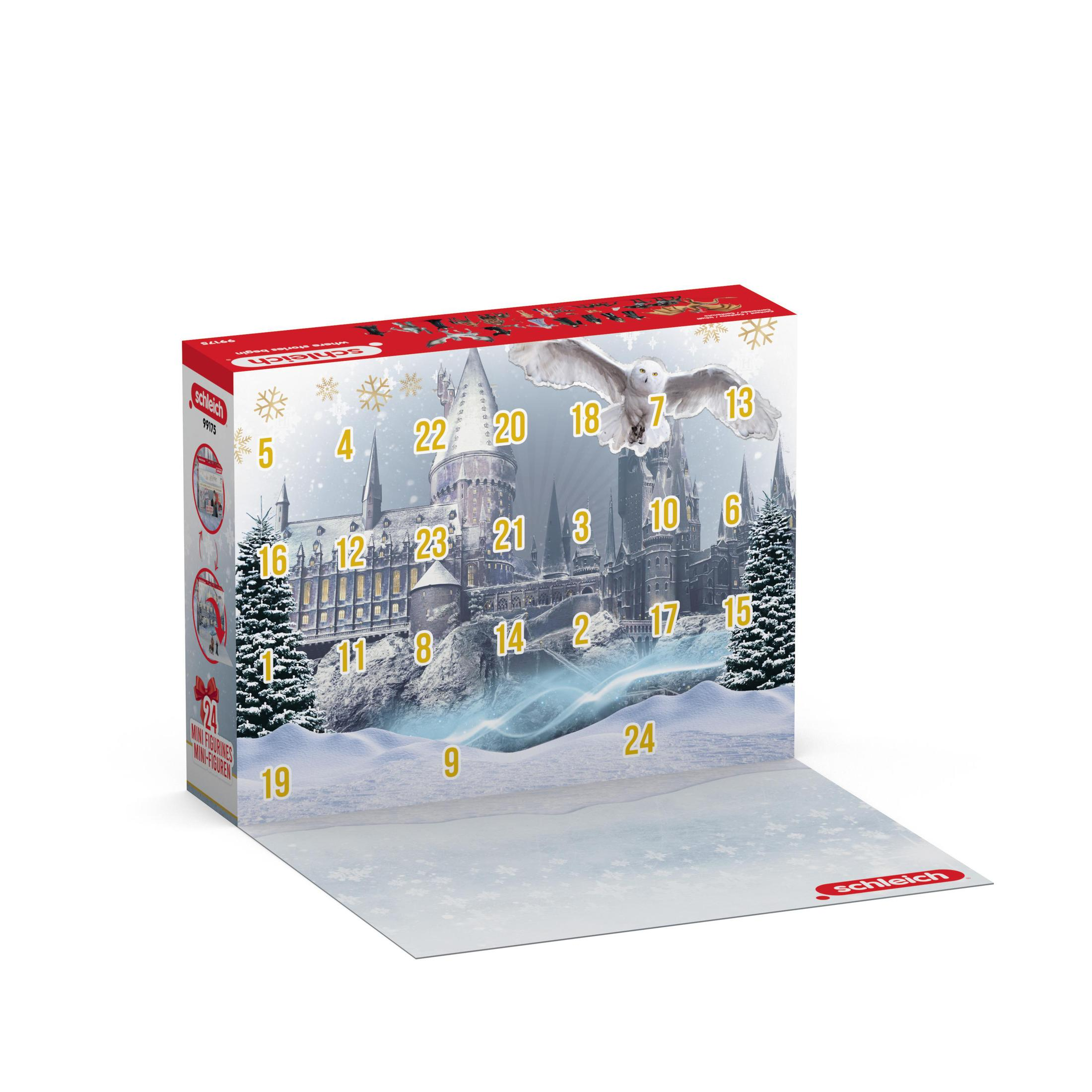 Otwarty kalendarz adwentowy Harry'ego Pottera. Zaśnieżona sceneria z zamkiem i ponumerowanymi przegródkami.