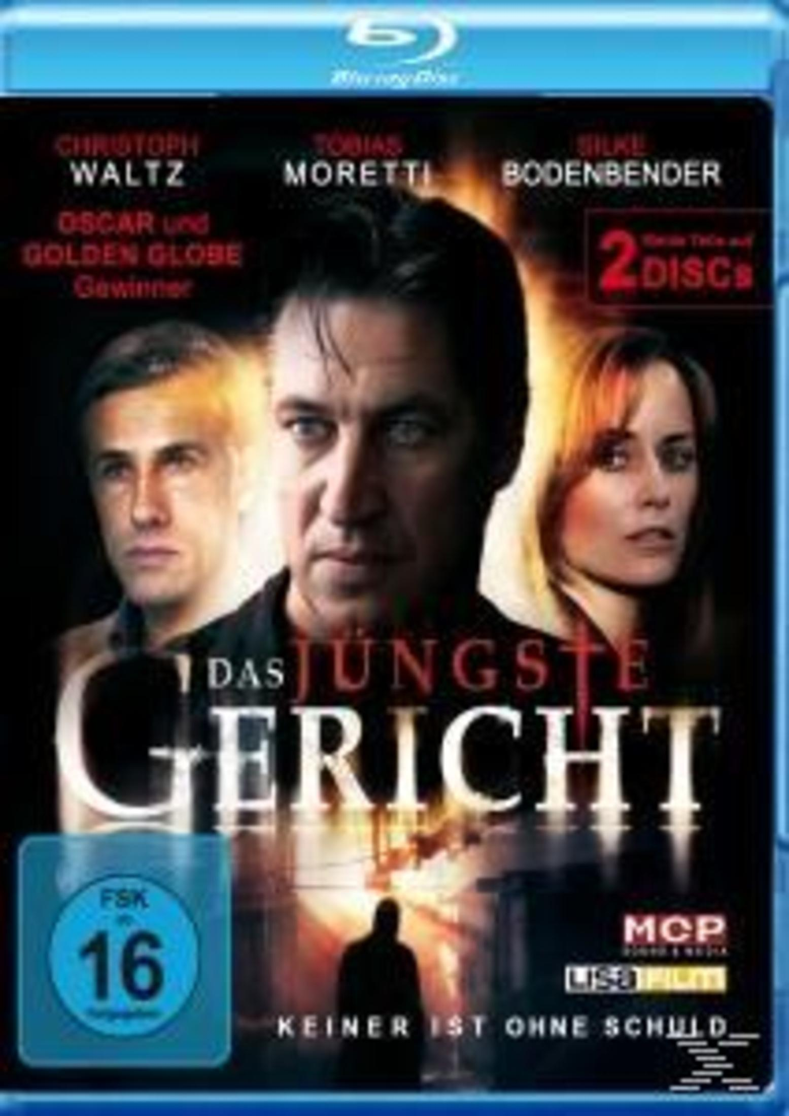 Filmposter mit drei Personen. Deutscher Titel: Das jüngste Gericht. Blu-ray Disc. FSK 16.