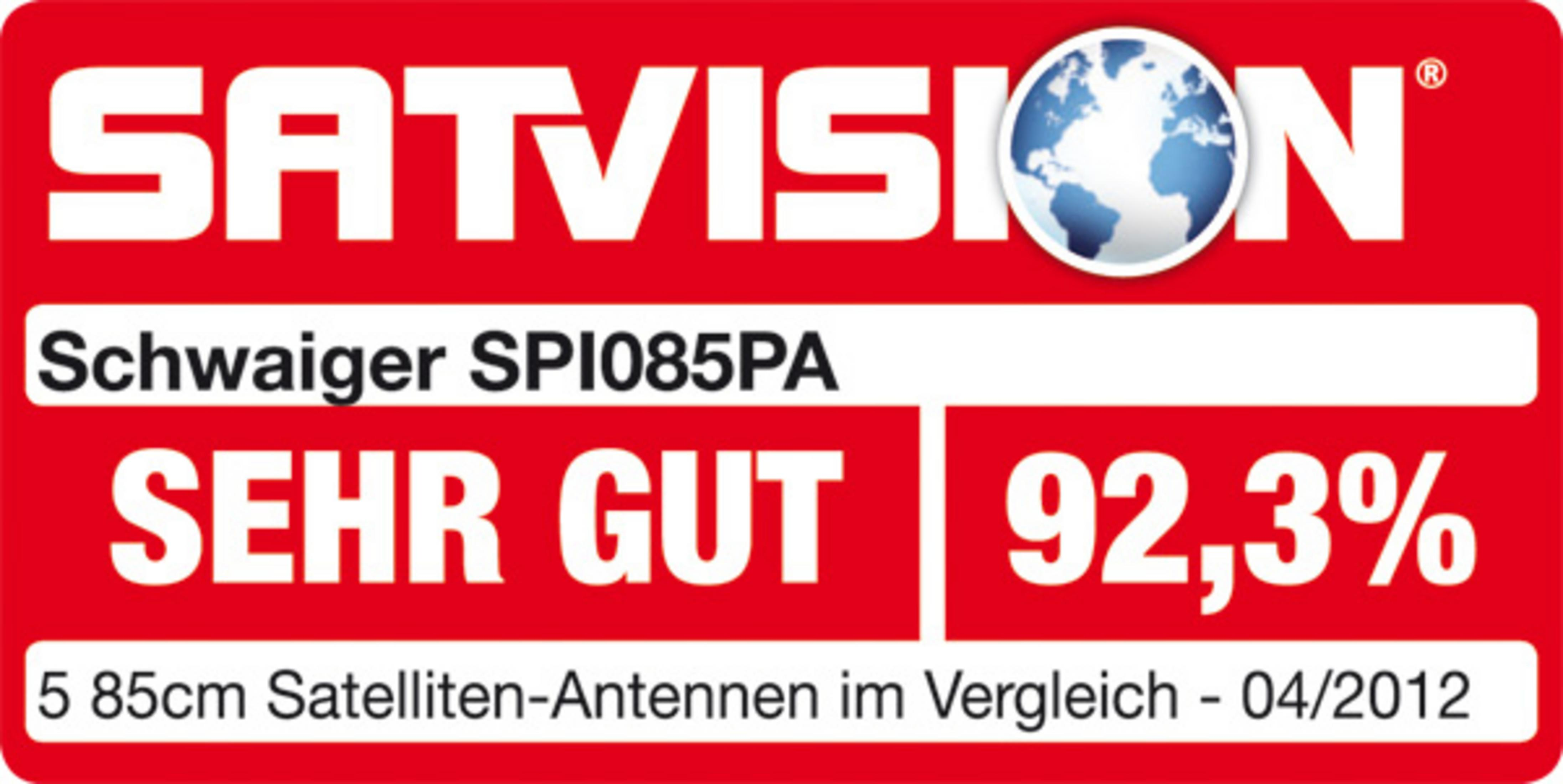 Ein rotes Schild mit Text und Globus, mit dem Text SATVISION. Es ist auf weißem Hintergrund.