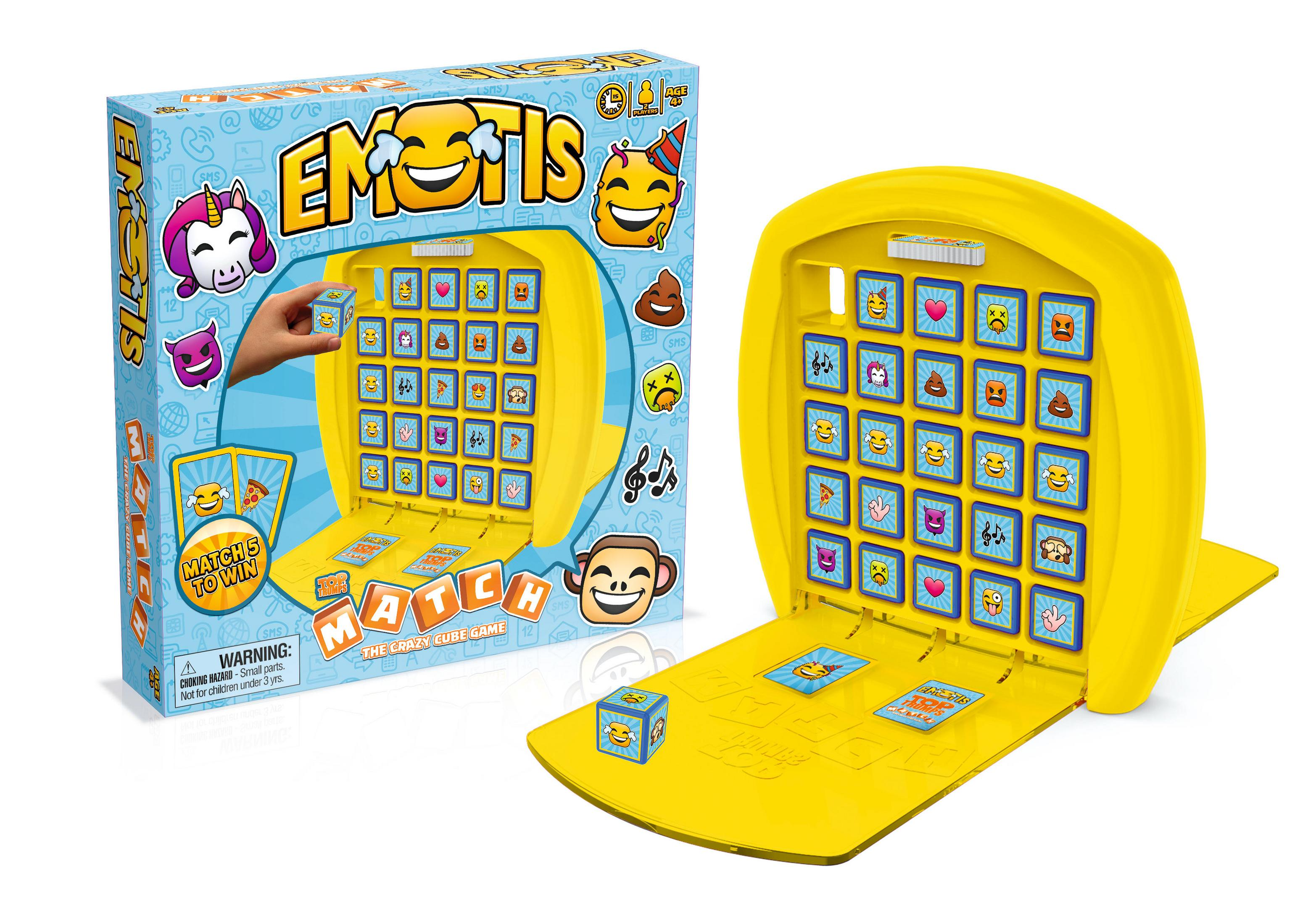 Ein Brettspielkarton und ein geöffnetes Spiel. Die Box hat Emojis. Das Spiel hat Emojis und Karten, alles in Gelb.