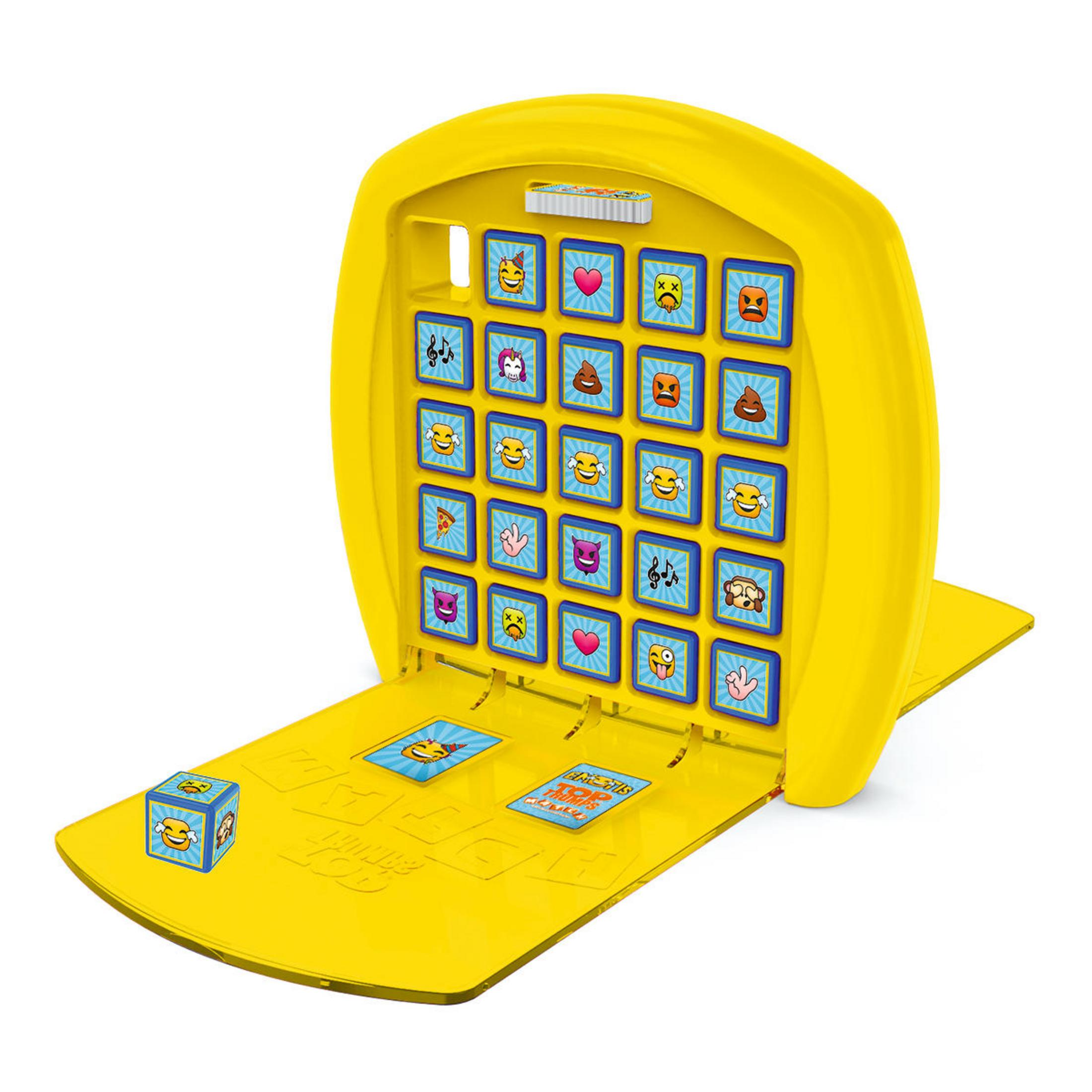 Gelbes Brettspiel mit Emoji-Karten und einem Würfel. Das Brett ist offen.