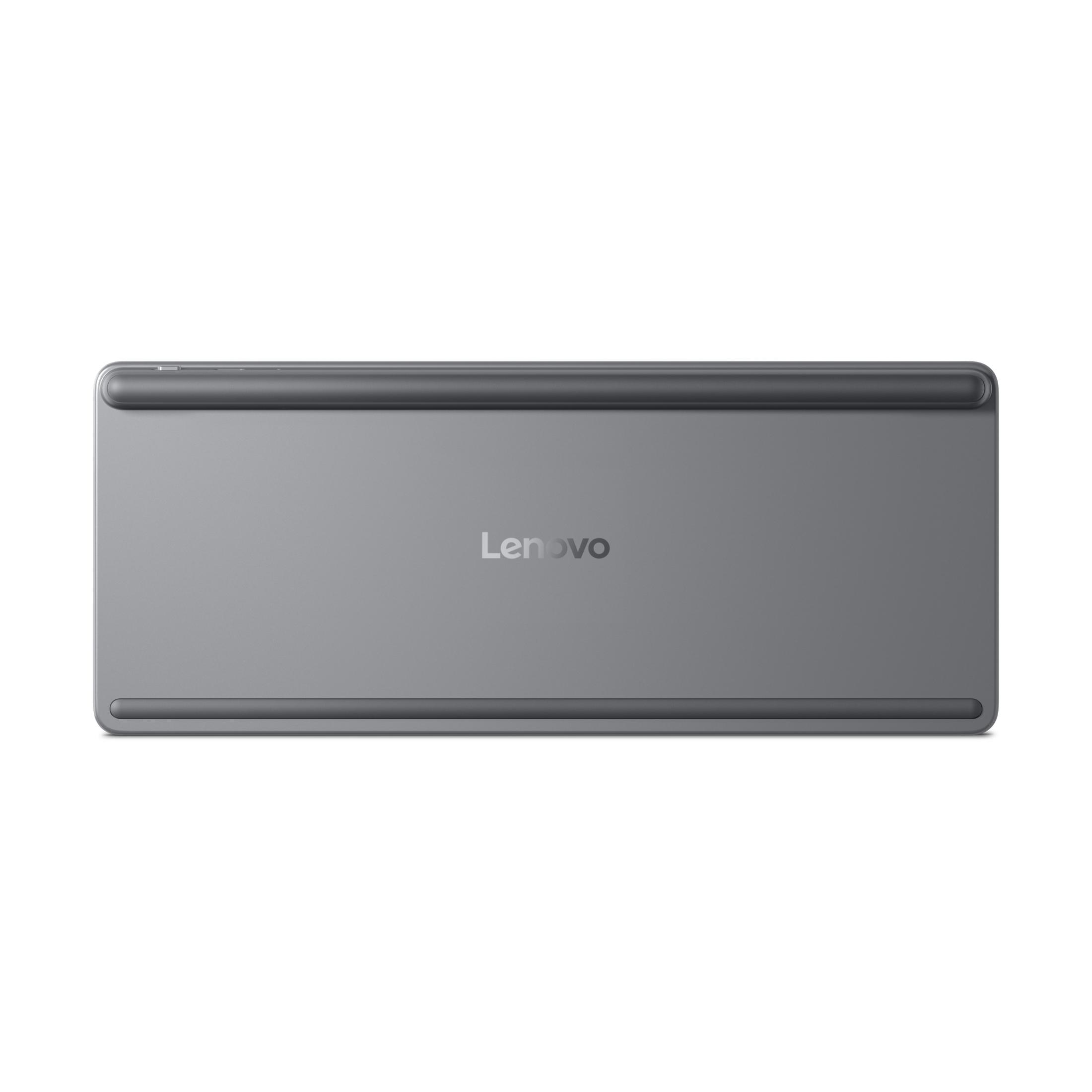 Vista superior de un teclado Lenovo gris, centrado sobre un fondo blanco.