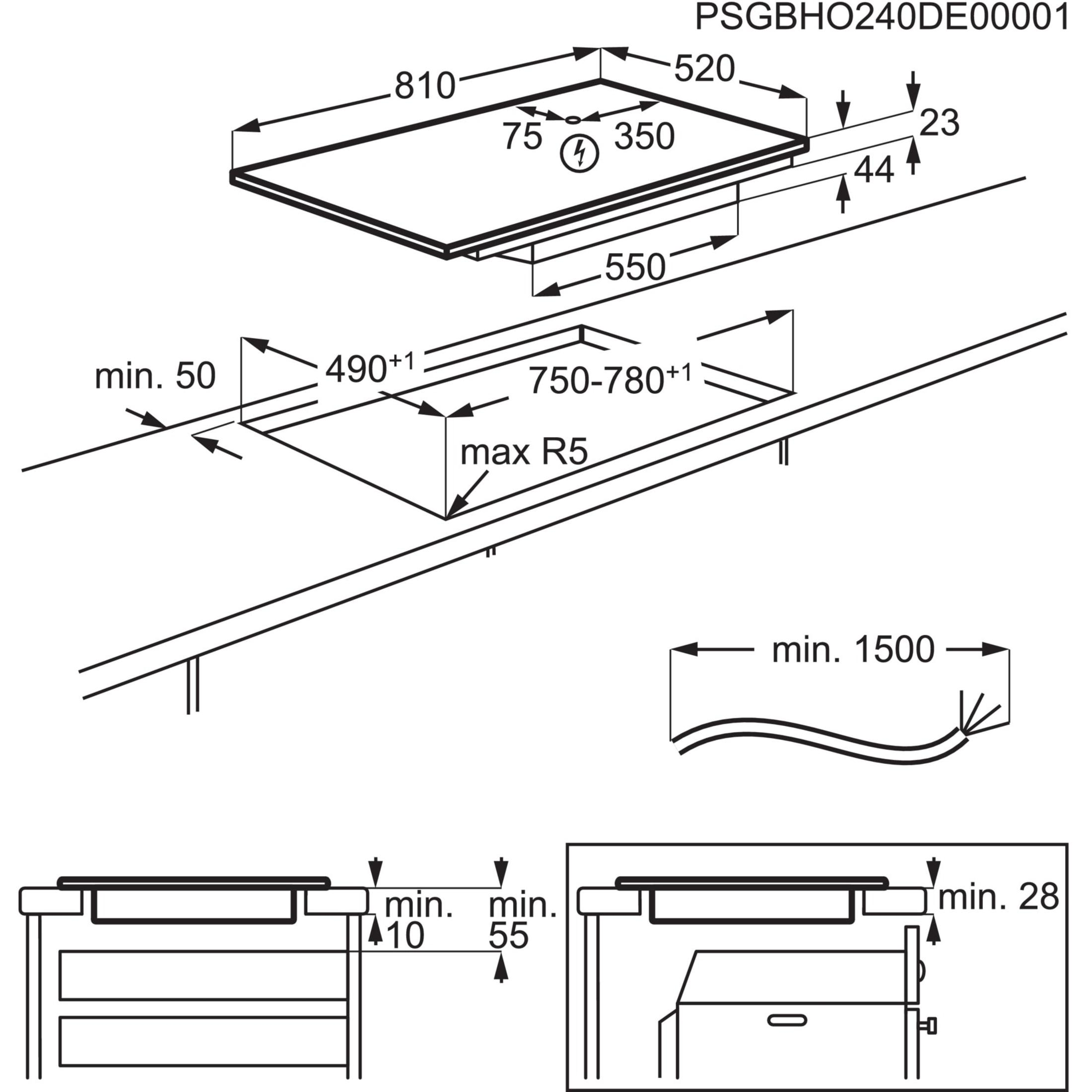 Diagramm zeigt ein schwarzes Kochfeld mit Abmessungen. Die Maße sind in Millimetern angegeben.