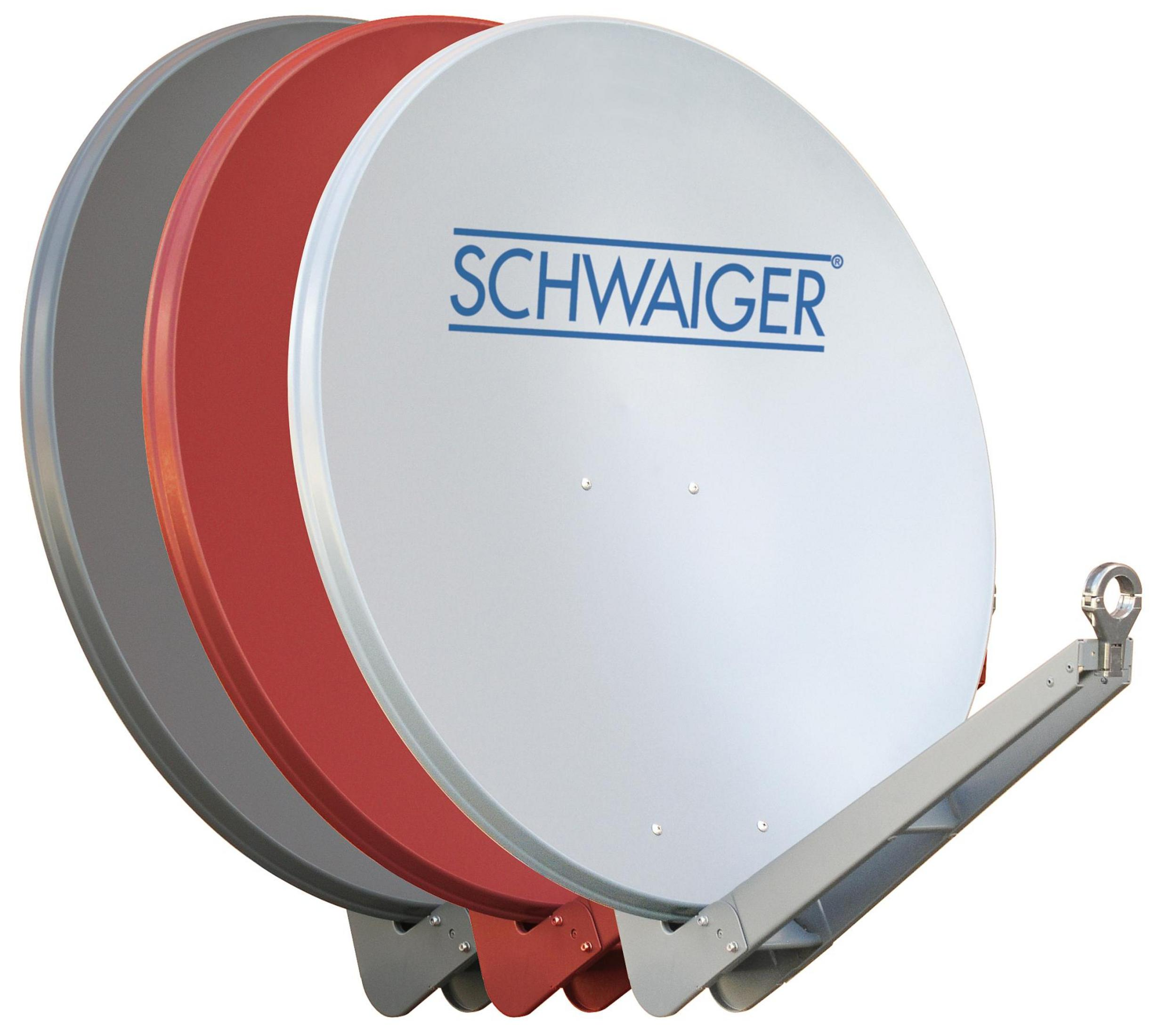 Drei Satellitenschüsseln in Grau, Rot und Weiß.