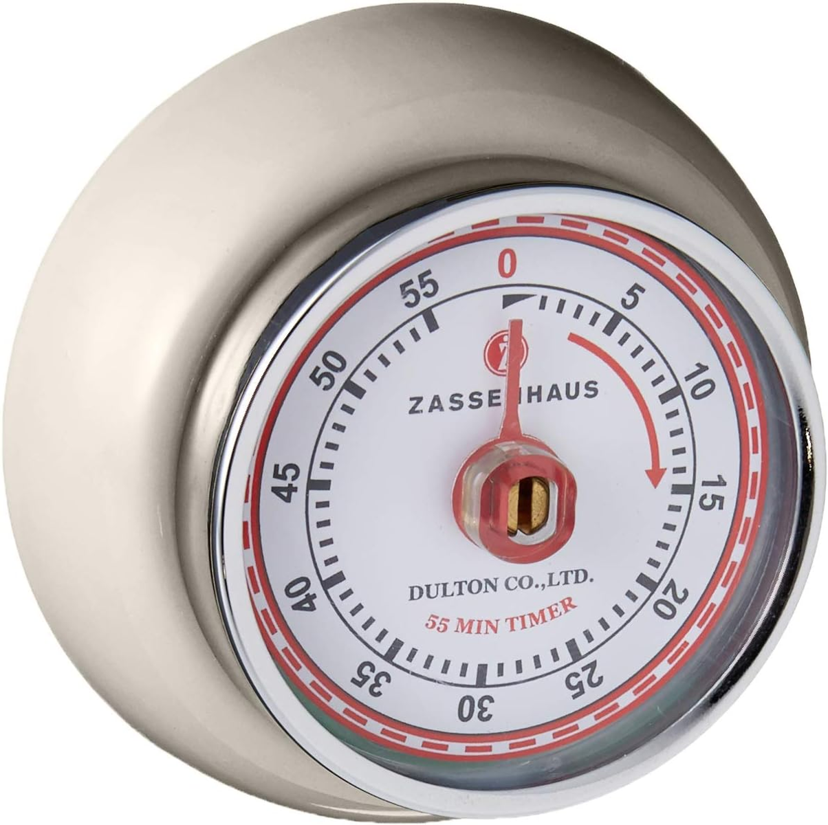Ein silberner 55-Minuten-Timer mit roter Anzeige und einem weißen Zifferblatt mit dem Zassenhaus-Logo.