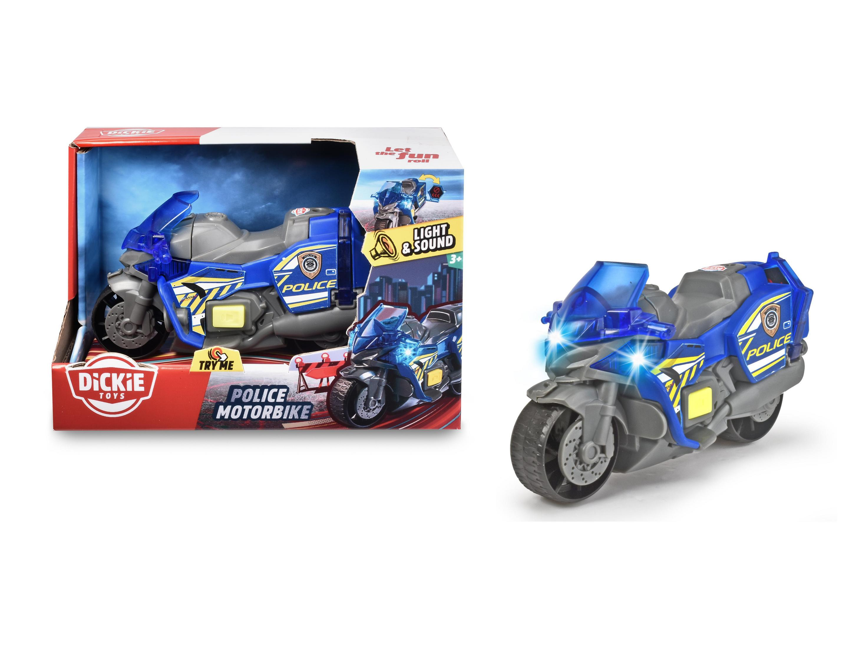 Ein blau-graues Polizeimotorrad-Spielzeug mit Licht und Sound sowie die Verpackung.