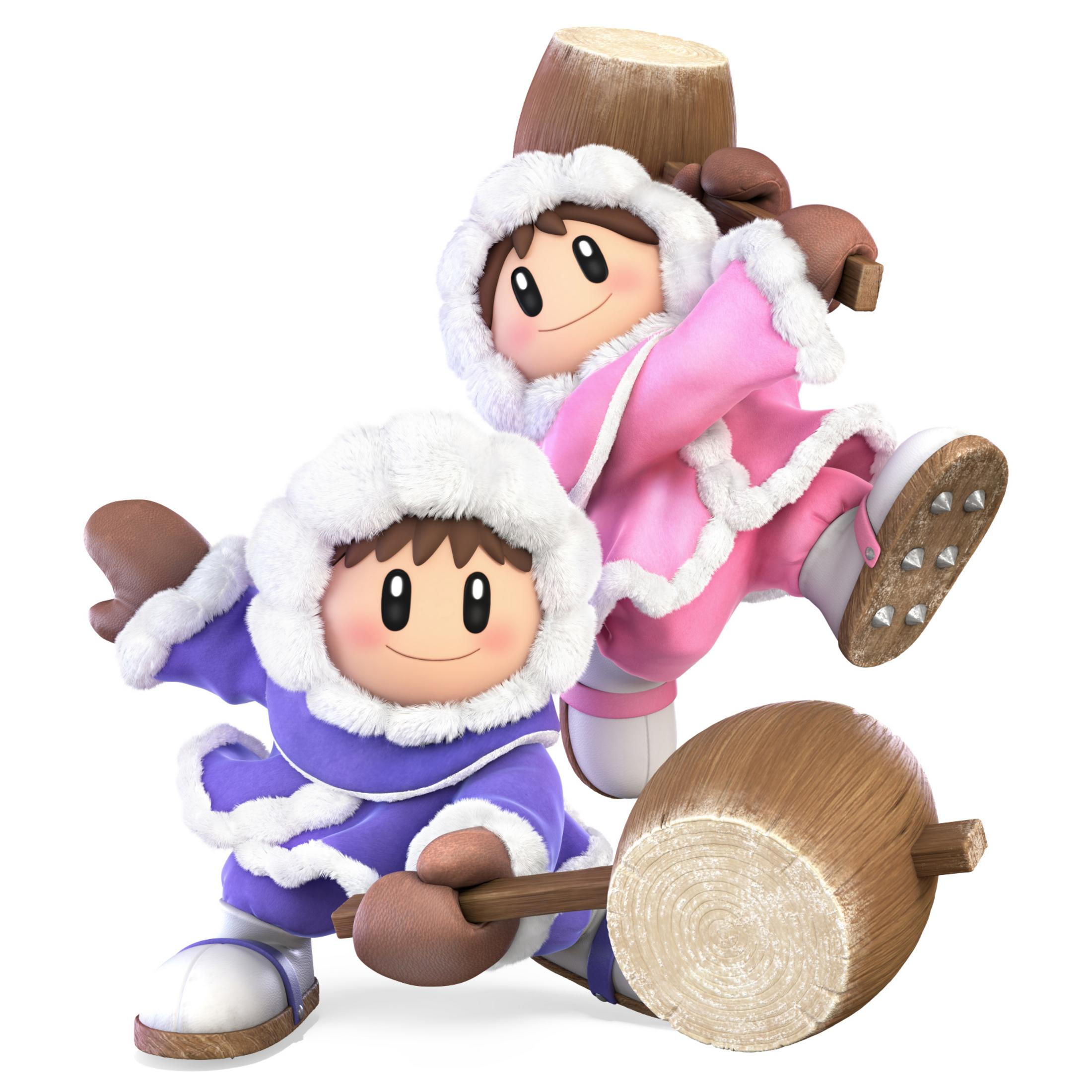 Zwei Ice Climber-Charaktere, einer in Lila, der andere in Rosa, mit Hämmern und einem Baumstamm.