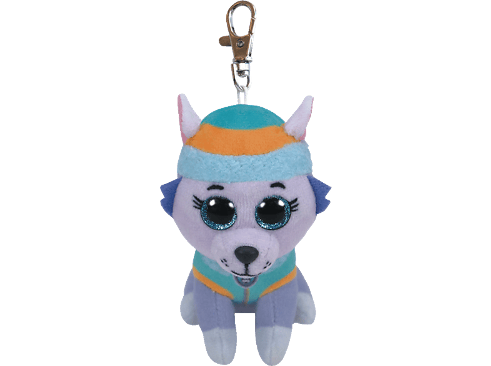 Ein Stofftier-Wolf-Schlüsselanhänger mit blau-orangefarbener Mütze, schwarzer Hintergrund.
