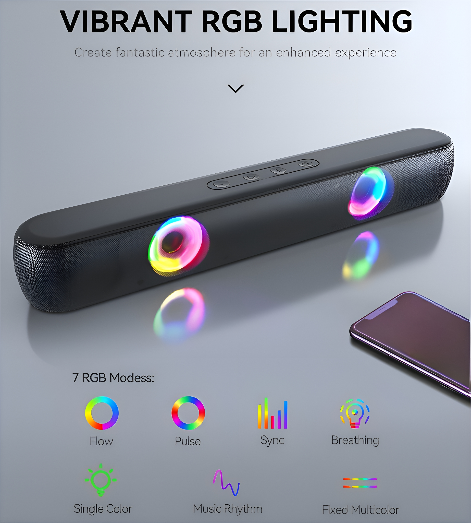 Schwarzer Lautsprecher mit RGB-Leuchten. Bunte Lichter um den Lautsprecher. Telefon auf der rechten Seite.
