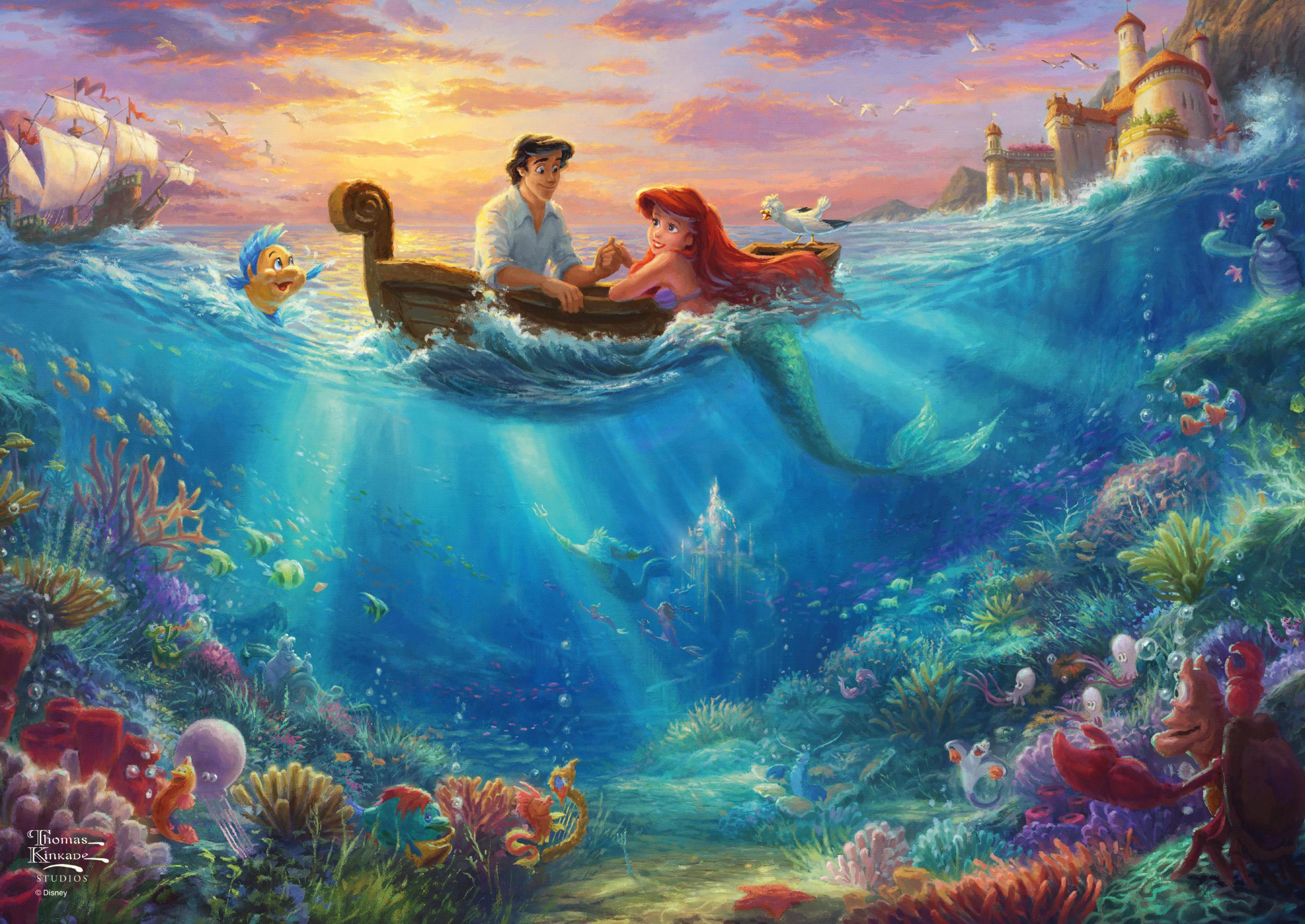 Ein künstlerisches Gemälde von Arielle und Eric in einem Boot, Unterwasserszene mit Meereslebewesen.