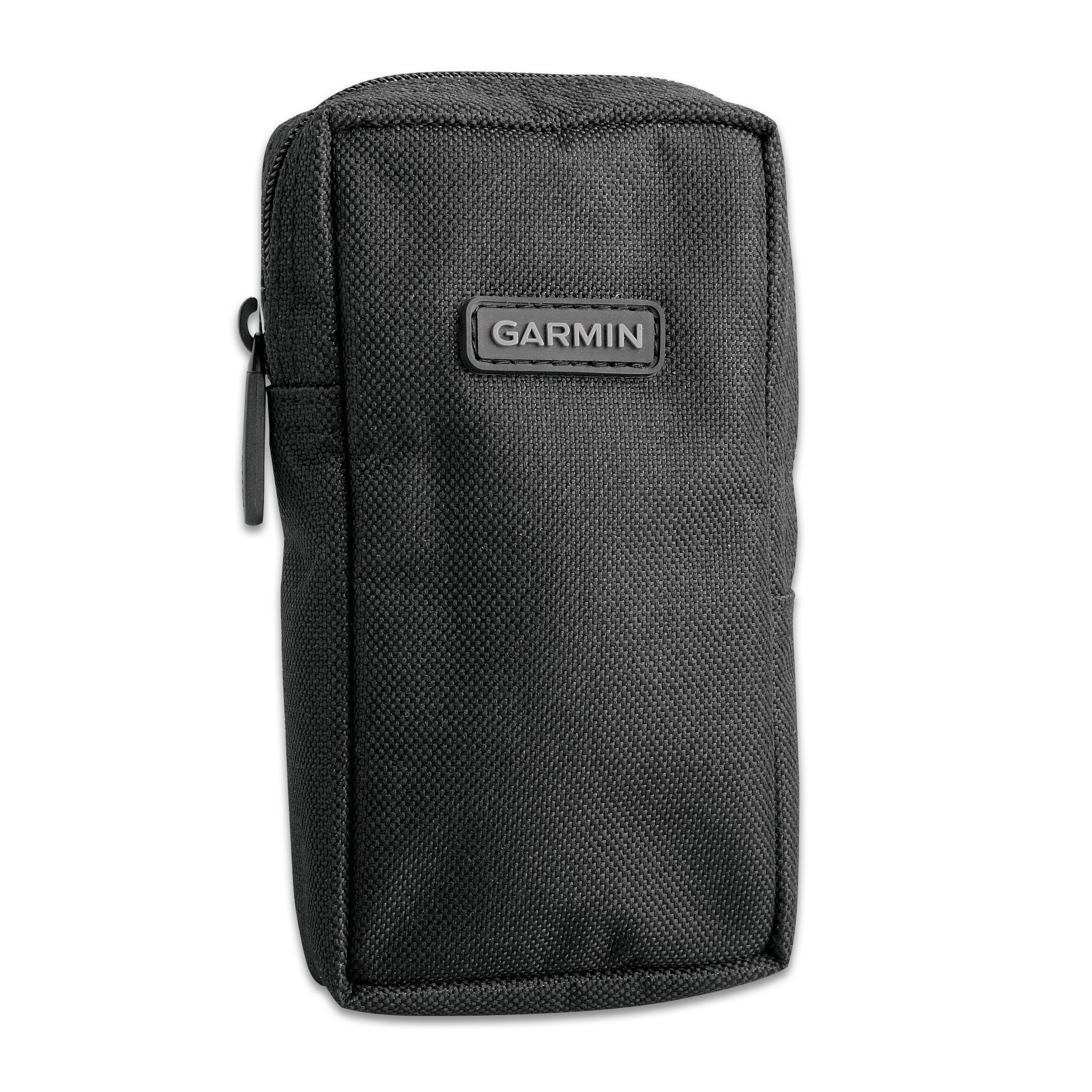Schwarzes rechteckiges Garmin-Etui mit Reißverschluss und Garmin-Logo.