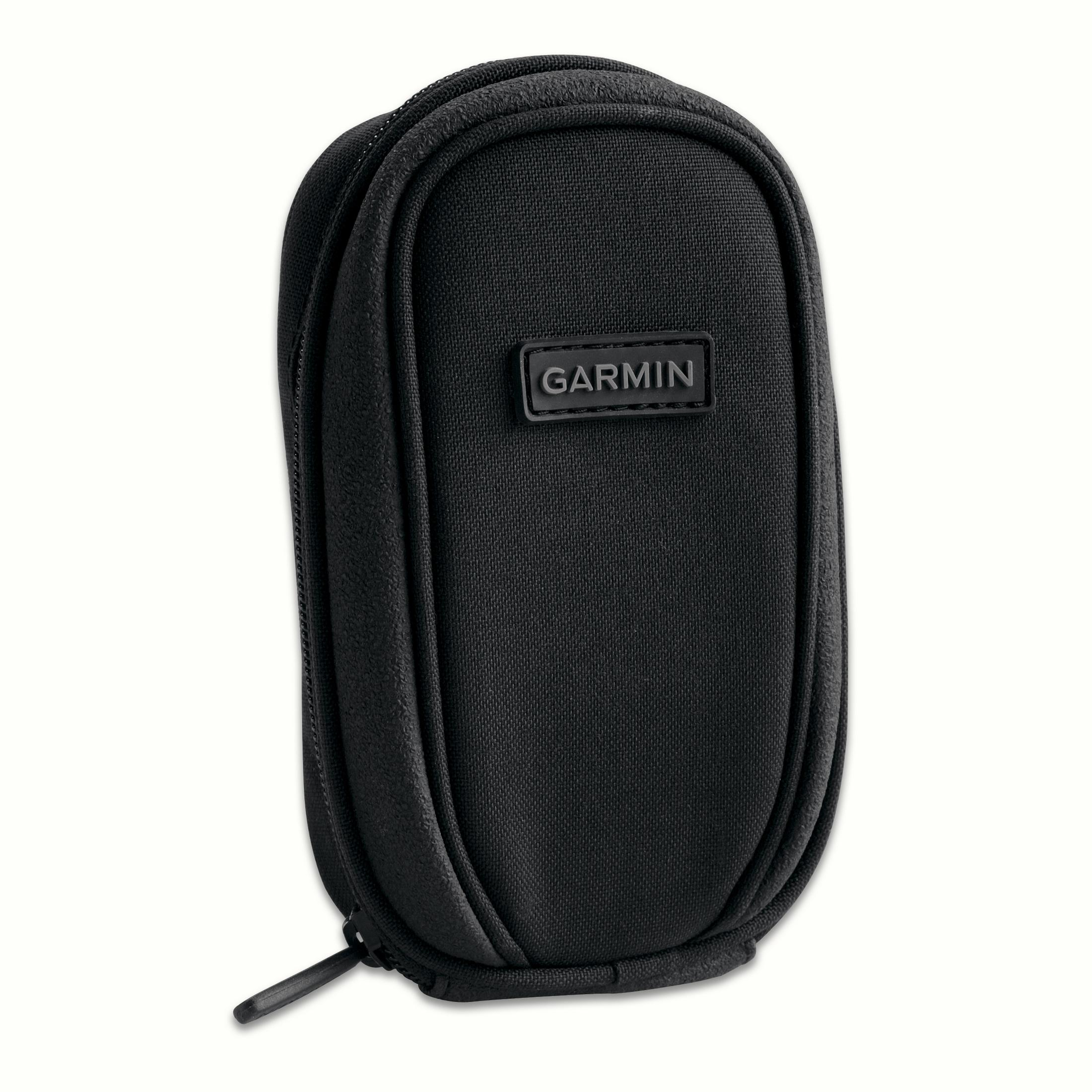 Schwarze, mit Reißverschluss versehene Hülle mit Garmin-Logo. Reißverschluss unten. Weißer Hintergrund.