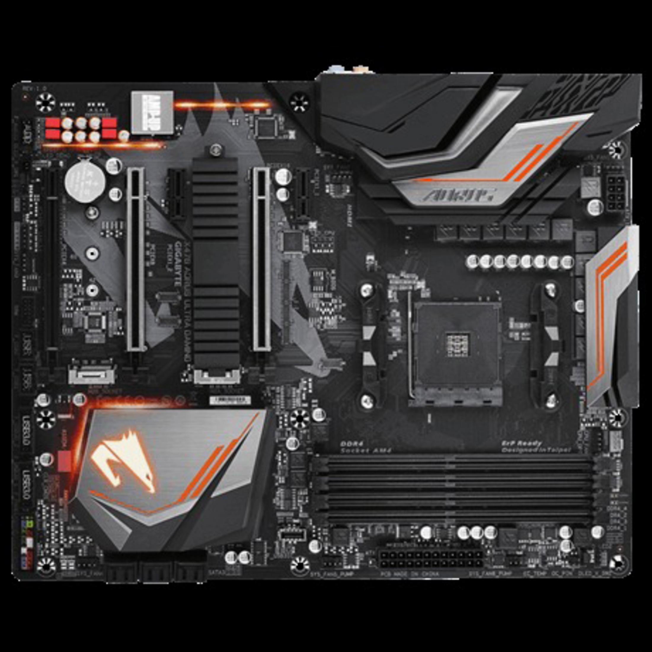 Ein Computer-Motherboard mit schwarzen und orangen Akzenten, verschiedene Komponenten sichtbar.
