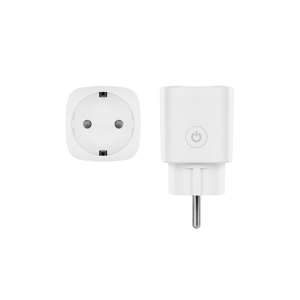 Zwei weiße Smart Plugs, einer eingesteckt, der andere lose.