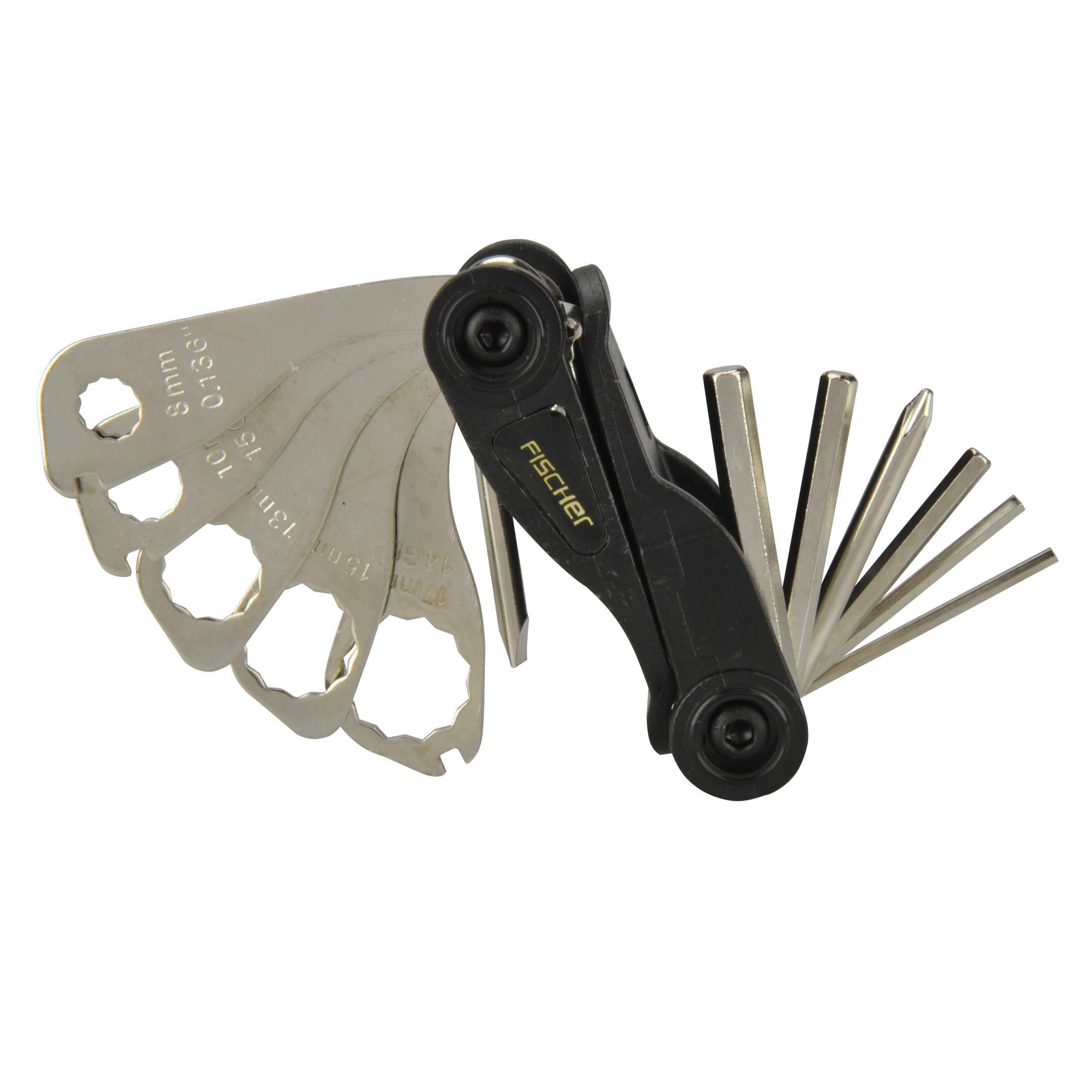 Ein Multitool mit Schraubenschlüsseln und Inbusschlüsseln in offener Position auf weißem Hintergrund.