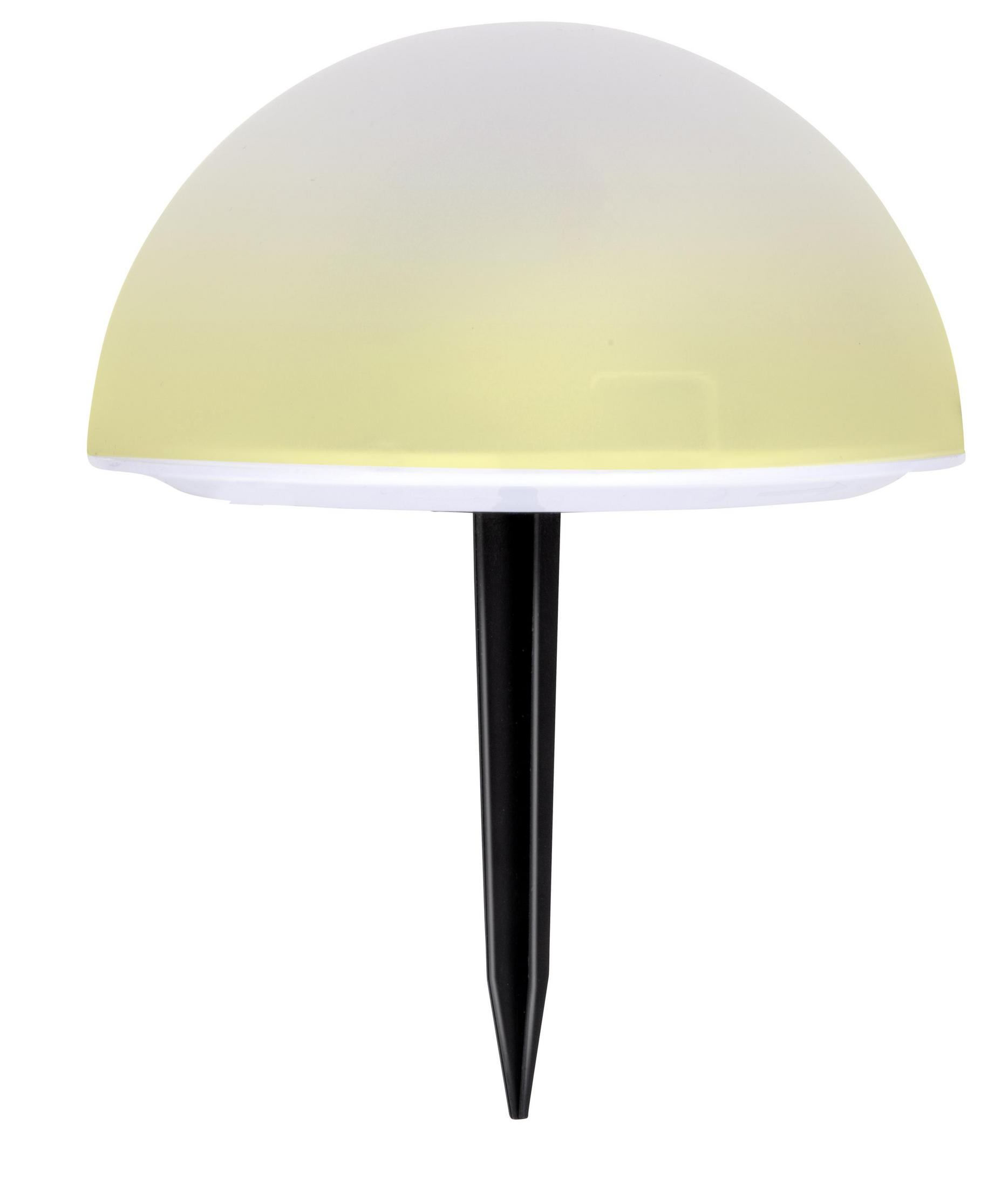 Une lumière extérieure en forme de champignon blanche et jaune avec un piquet noir, isolée sur blanc.