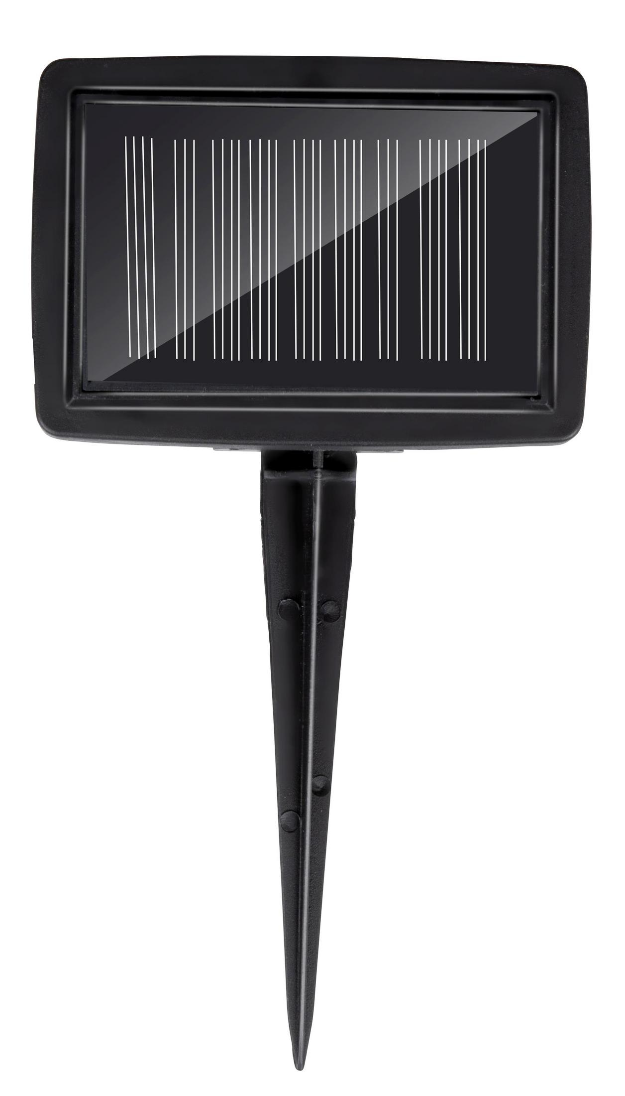 Panneau solaire noir avec une pointe pour montage au sol.