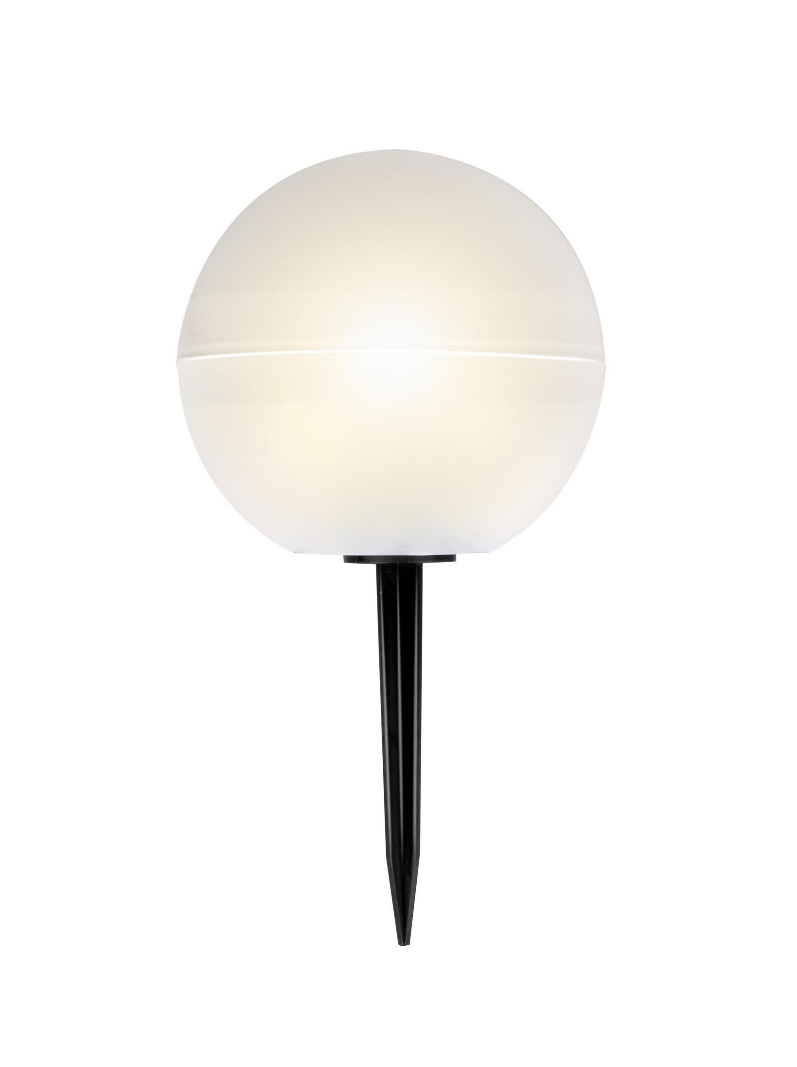 Une lumière extérieure blanche avec un globe rond. Une pointe noire est utilisée pour le montage.