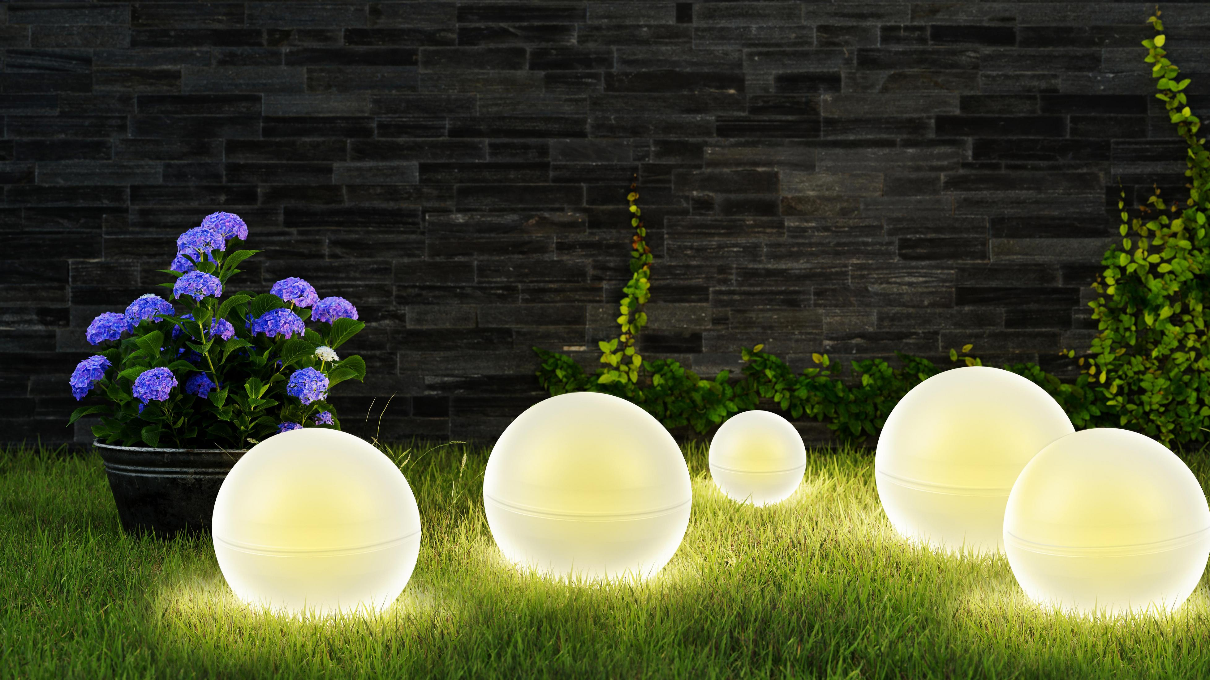 Scène de jardin avec des orbes lumineux sur de l'herbe verte. Fleurs bleues et mur en pierre sombre.