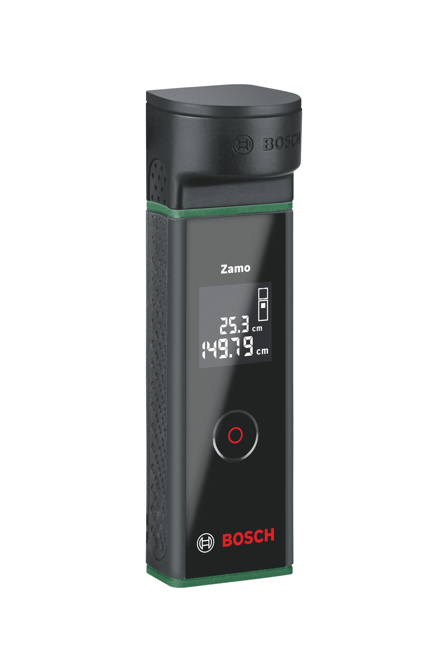 Bosch Zamo lazer mesafe ölçer, siyah ve yeşil renk, beyaz zemin.