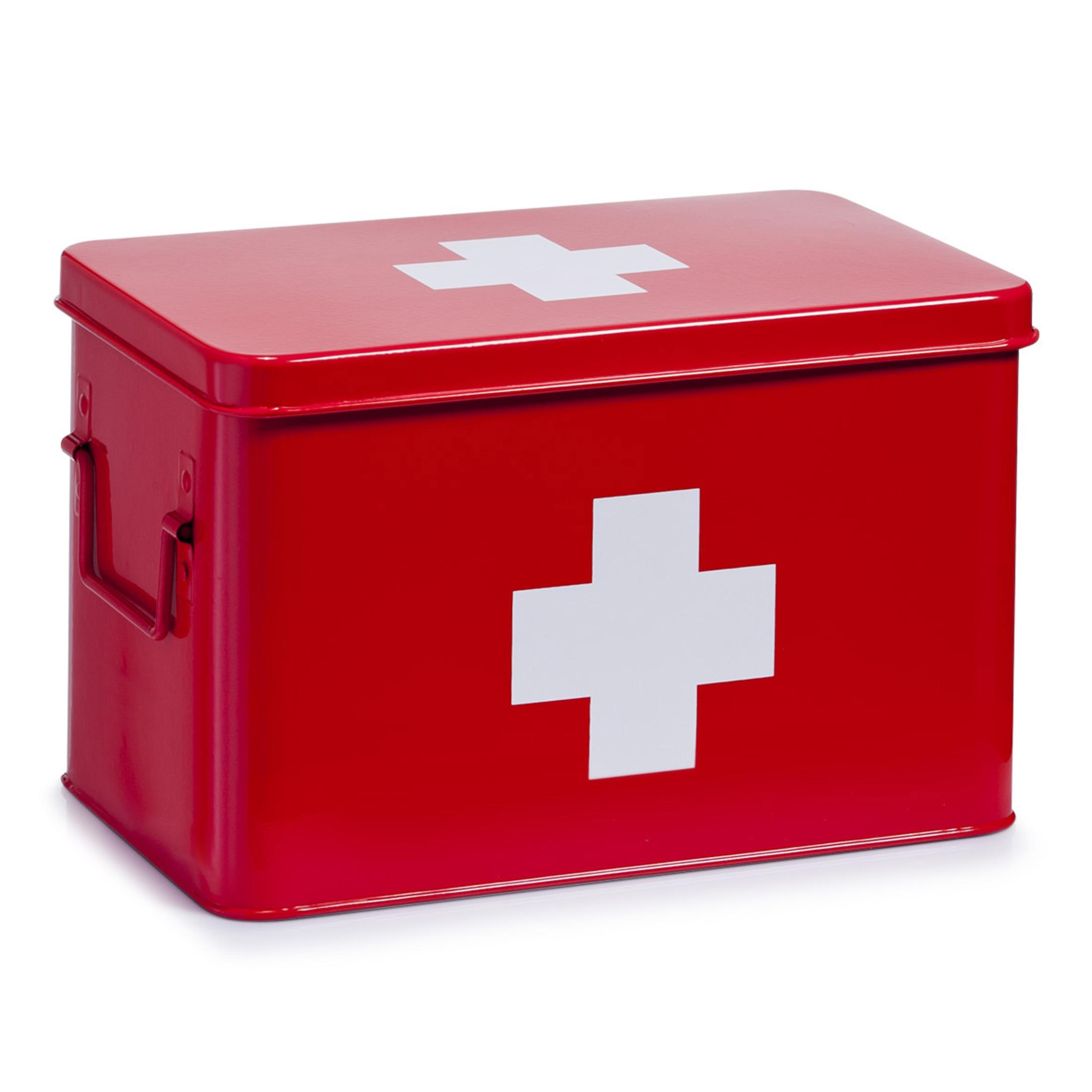 Eine rote Erste-Hilfe-Box mit einem weißen Kreuz darauf.