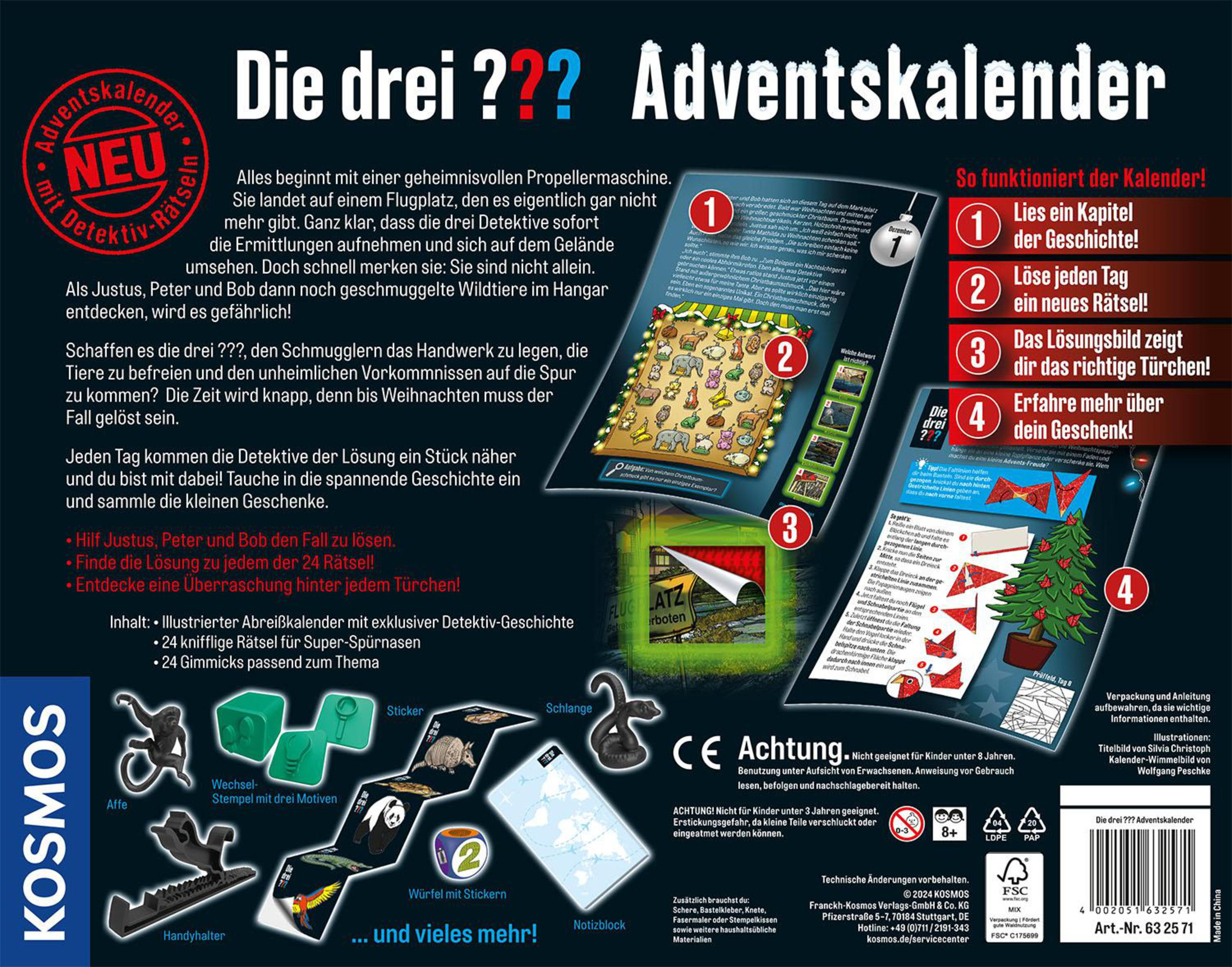 Adventskalender-Box mit Illustrationen und Text auf Deutsch, mit einer Vielzahl von Spielteilen.