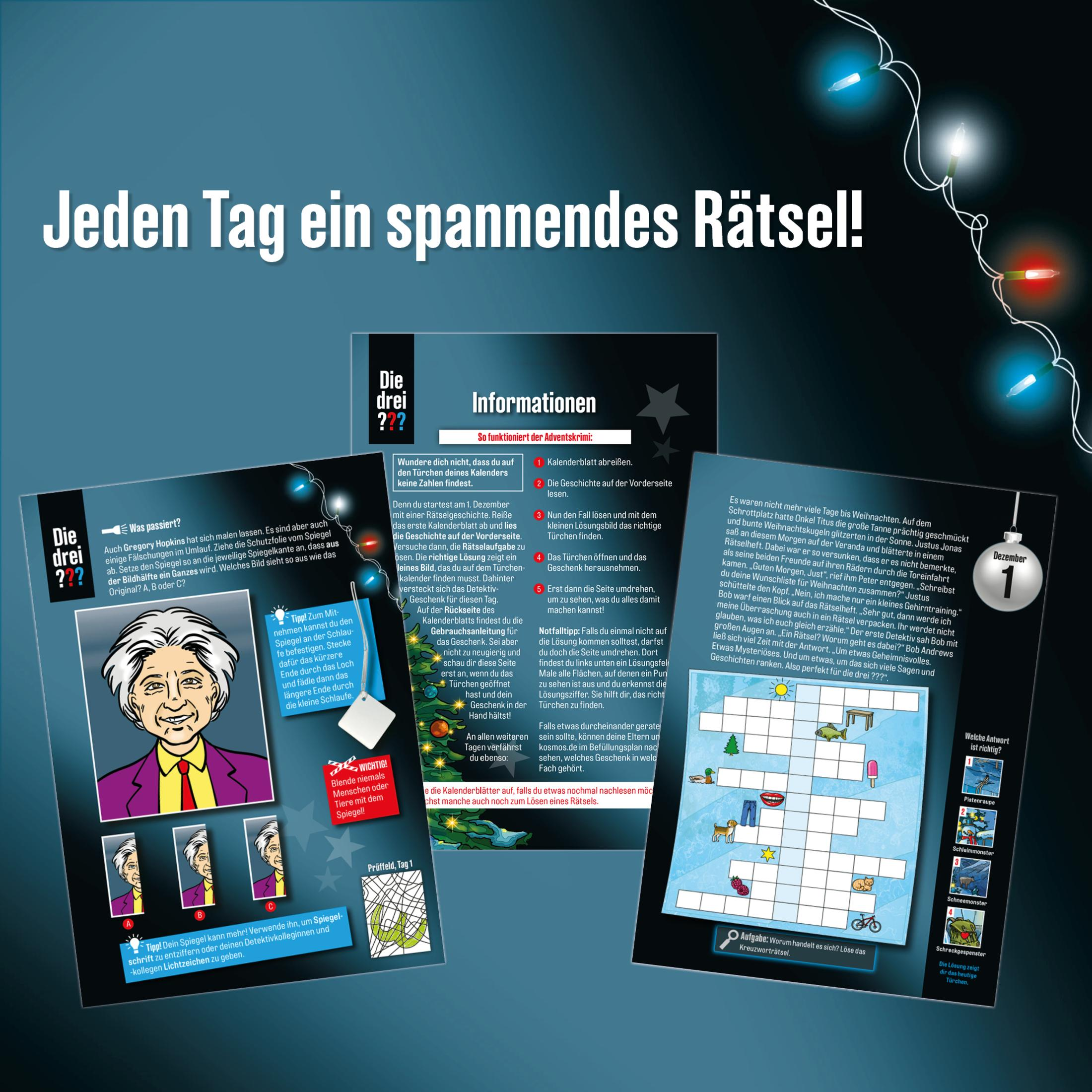 Adventskalender mit Rätseln, Illustrationen und Weihnachtsmotto.