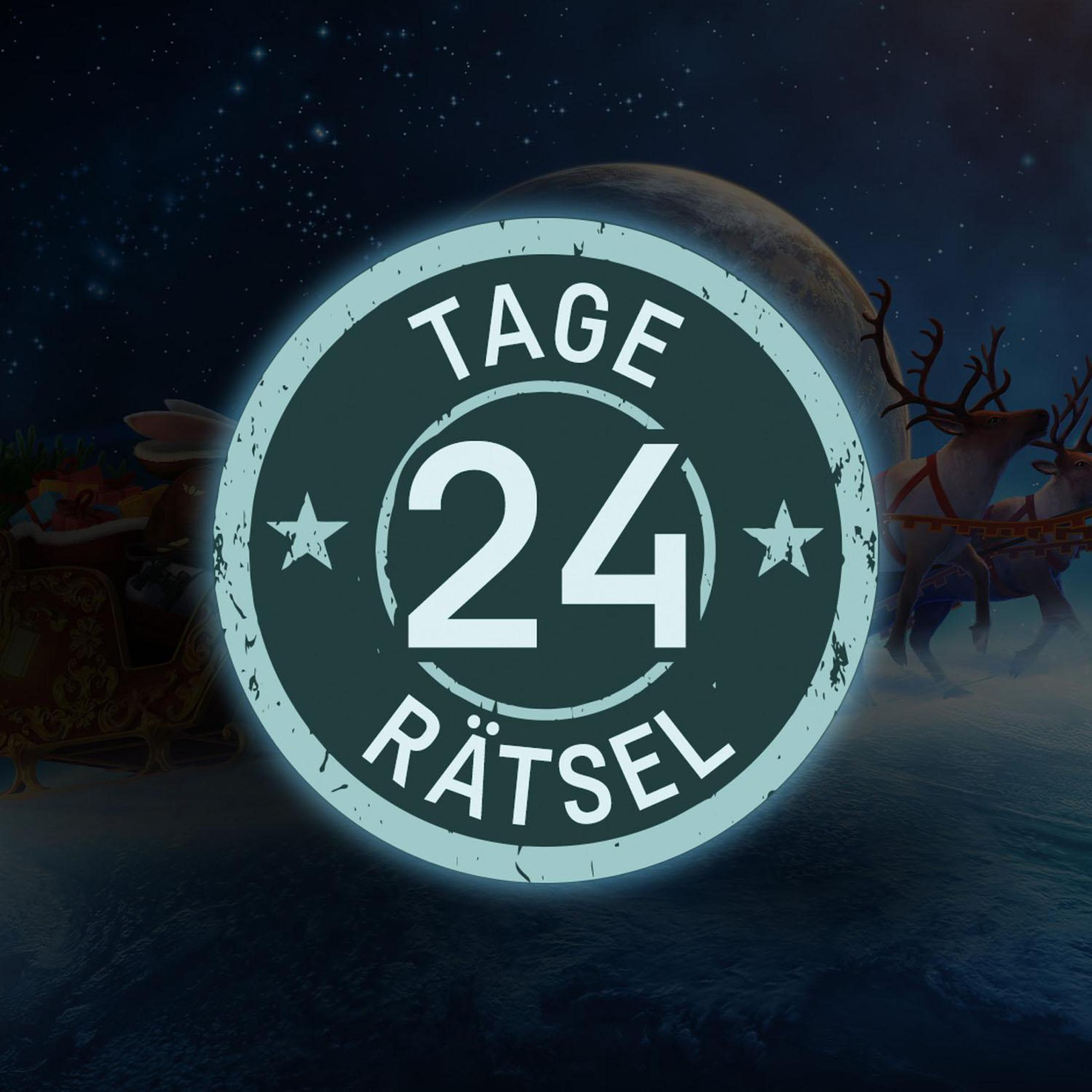 Ein rundes Abzeichen mit '24 Rätsel' in Türkis, vor einer Weihnachtsszene.