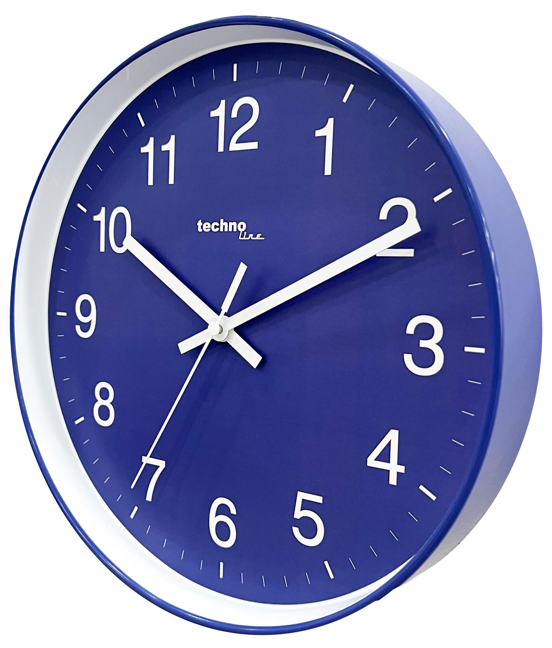 Eine blaue Wanduhr mit weißen Zeigern und Zahlen.