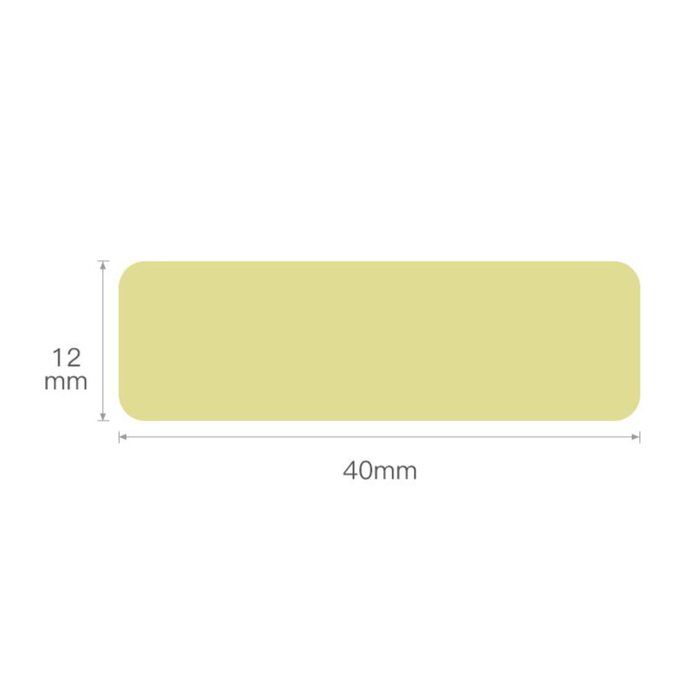 Ein gelbes Etikett mit schwarzem Text. Weißer Hintergrund. Maße: 12 mm x 40 mm.