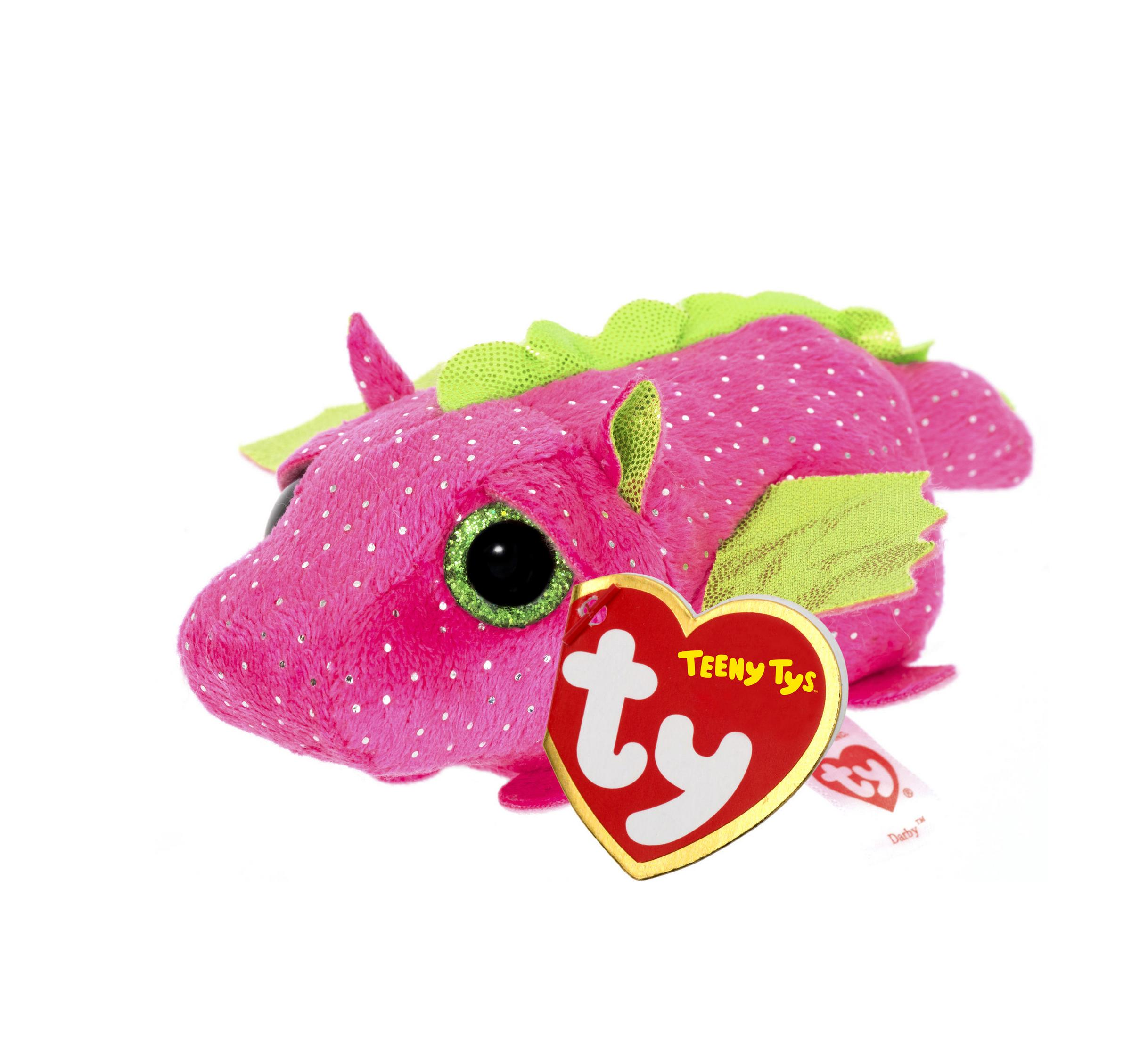 Pinkfarbener Teeny Ty Drachen-Plüsch mit grünen Akzenten und Ty-Herz-Anhänger.
